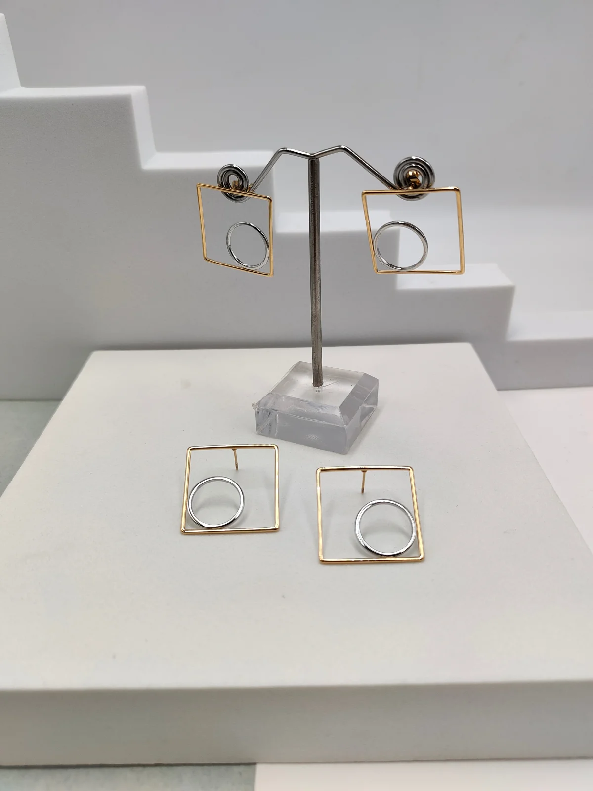 Stainless Steel Two-Tone Geometric Earrings #682573
