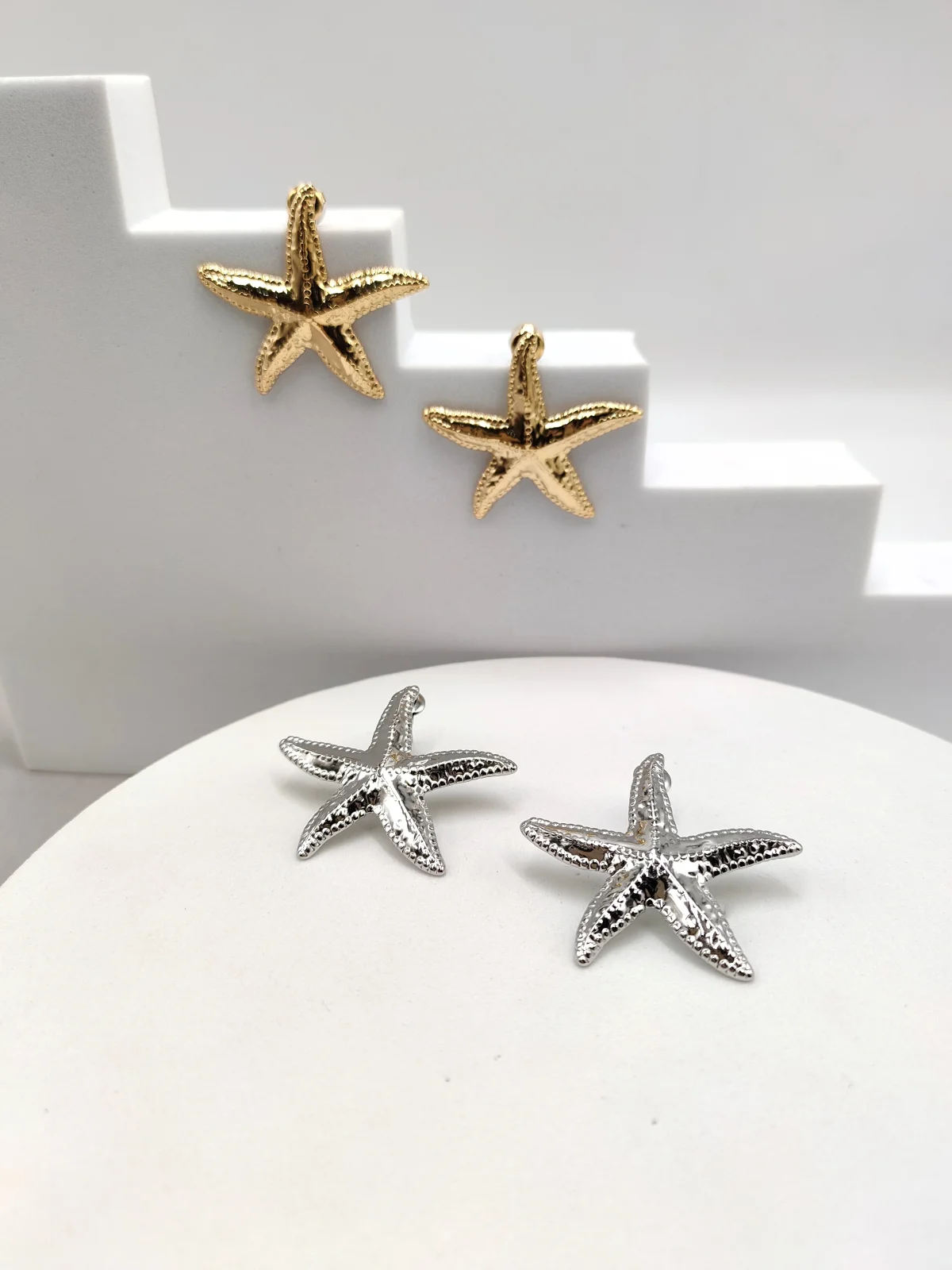 Stainless Steel Earrings with Embossed Starfish by Magis Handmade Jewels – view 2