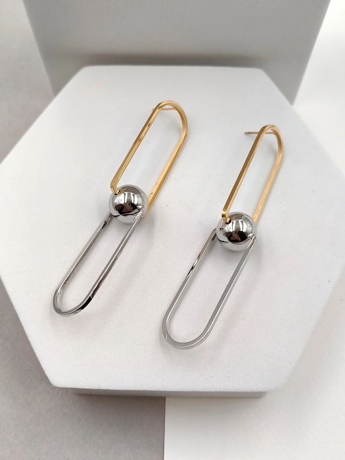 Stainless Steel Two-Tone Earrings with Bead by Magis Handmade Jewels – view 3