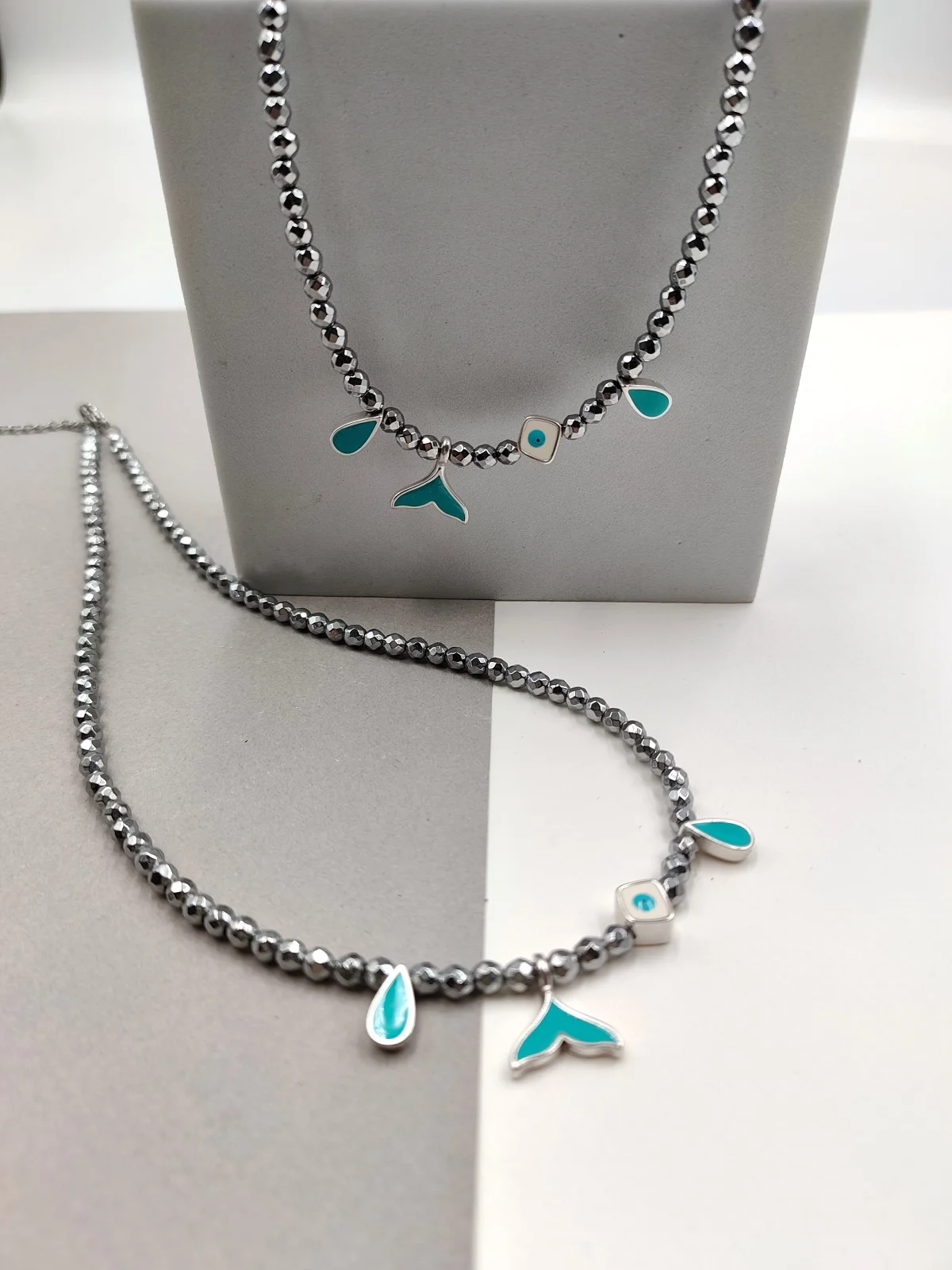 Necklace with Hematite Beads and Silver-Plated Enamel Details by Magis Handmade Jewels – view 2