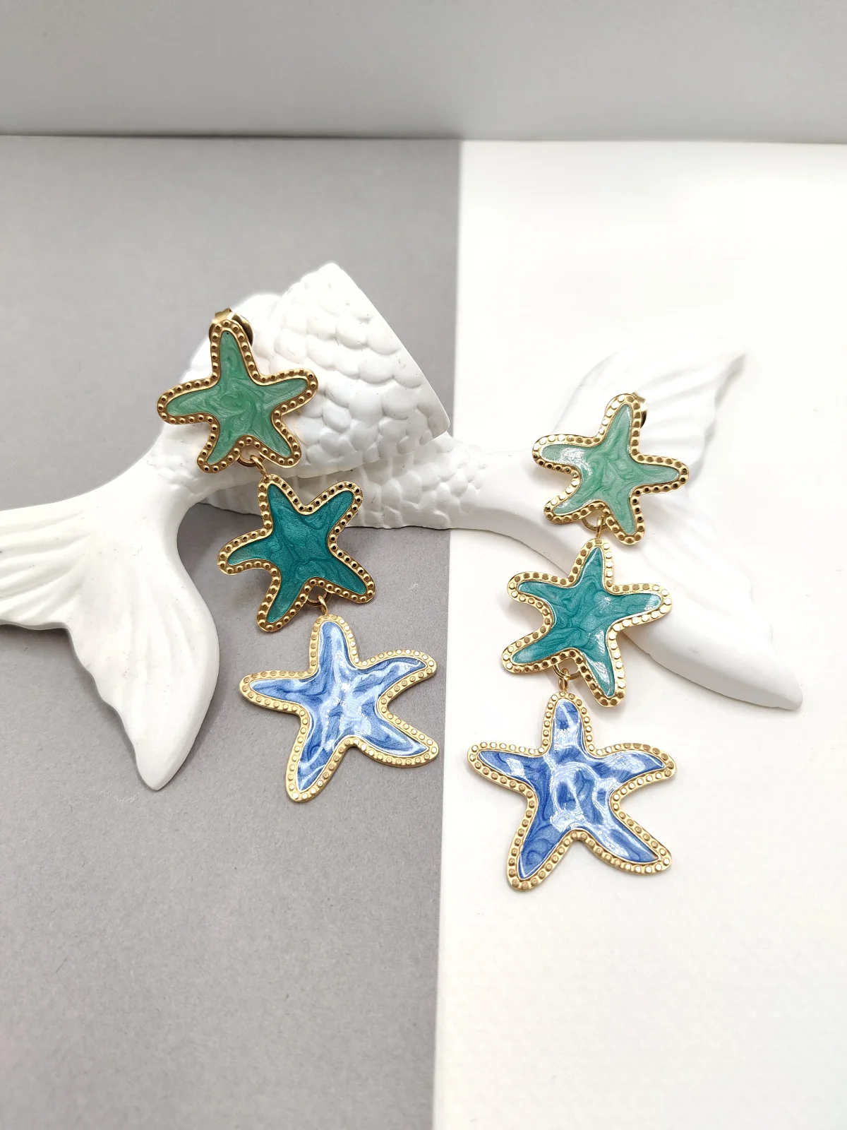 Stainless Steel Earrings with Starfish and Enamel by Magis Handmade Jewels – view 2