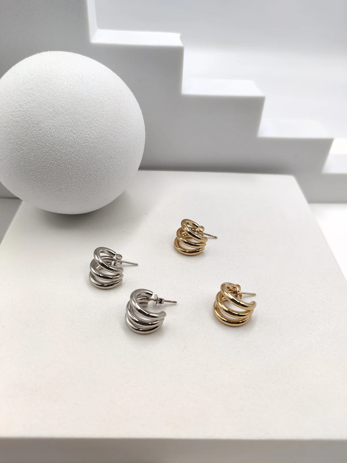 Stainless Steel Triple Hoop Earrings by Magis Handmade Jewels – view 2
