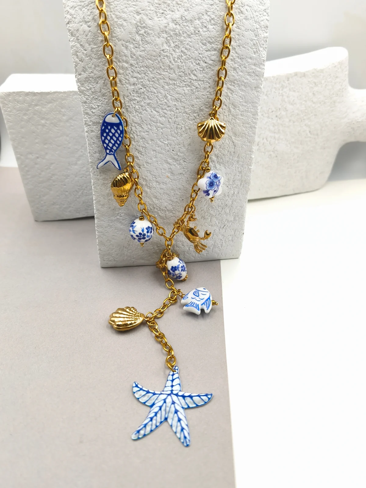 Stainless Steel Lariat Necklace with Ceramic Details #1453311