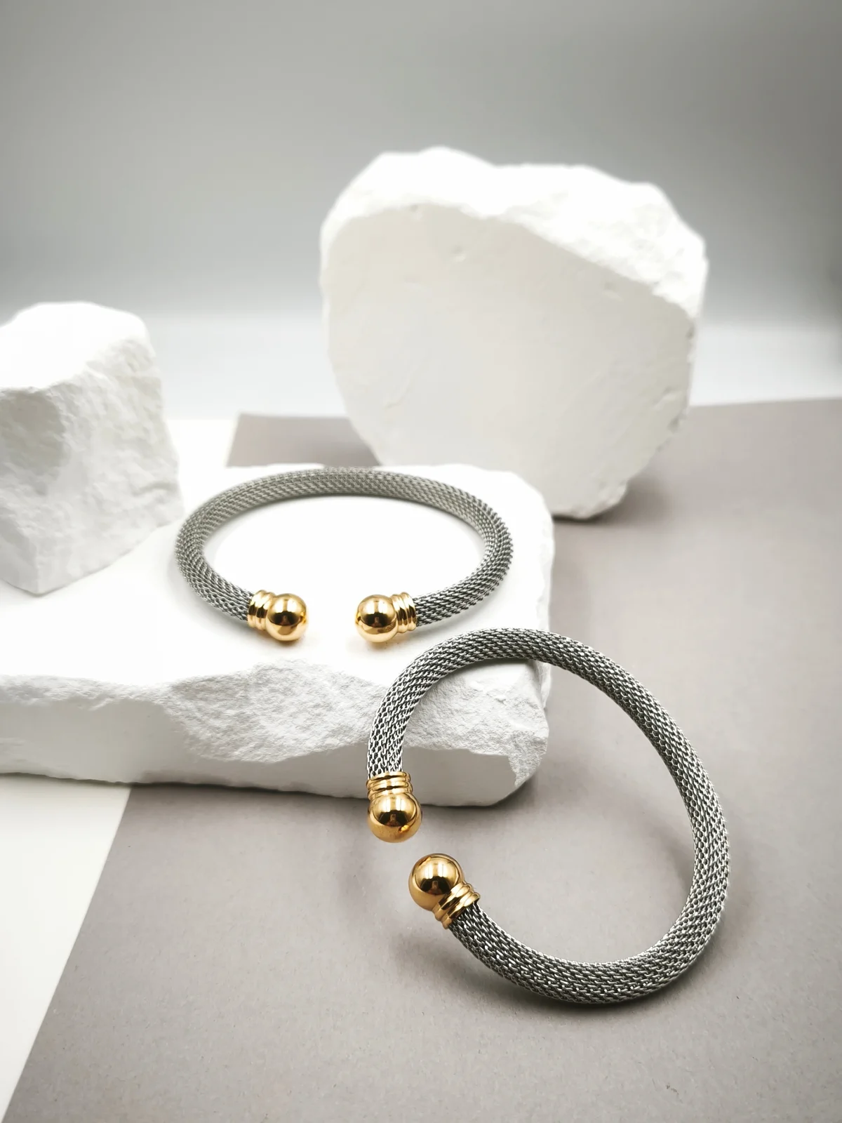 Stainless Steel Two-Tone Bracelet with Beads at the Ends #723141
