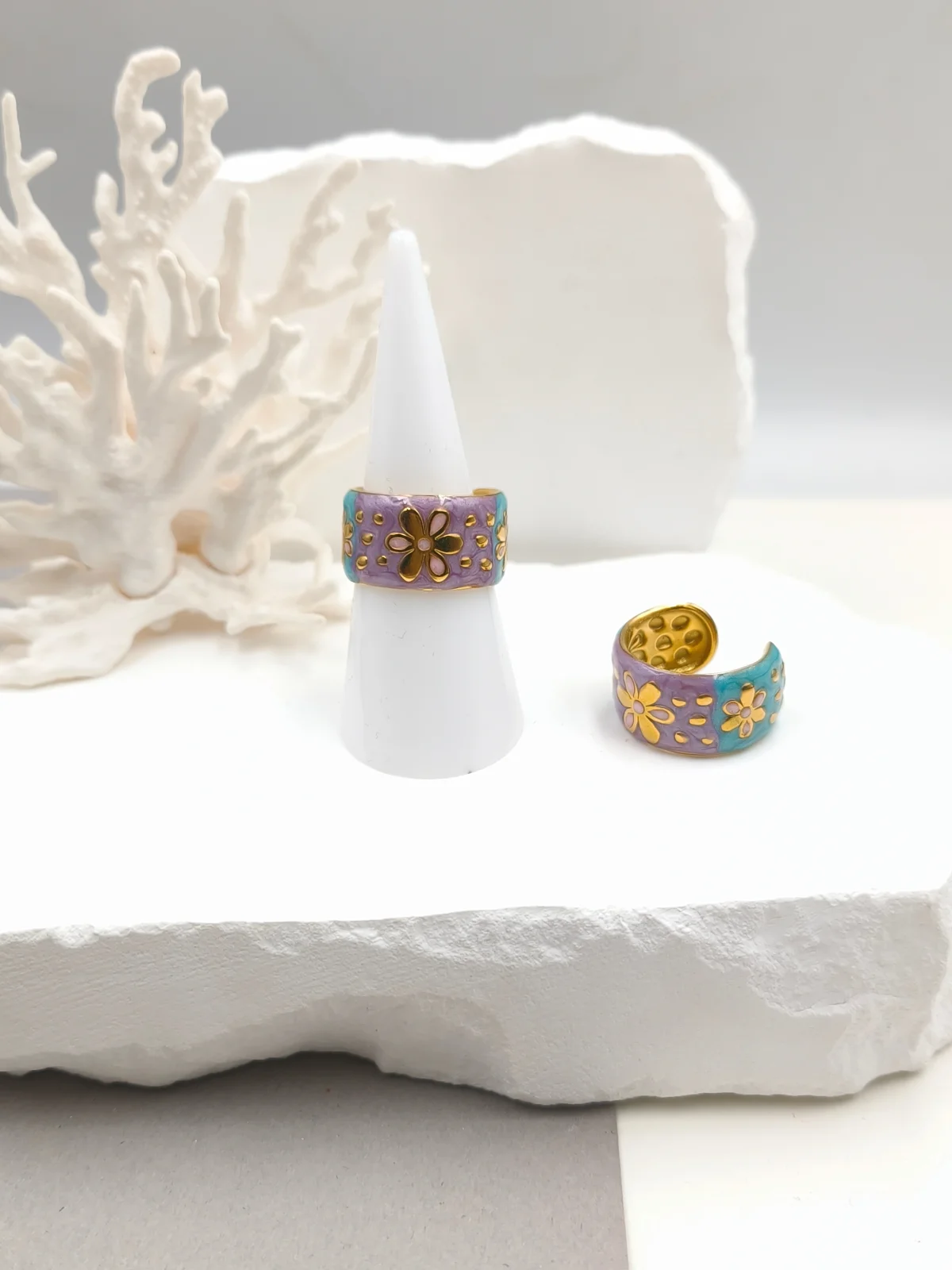 Stainless Steel Ring with Enamel and Flowers #503273