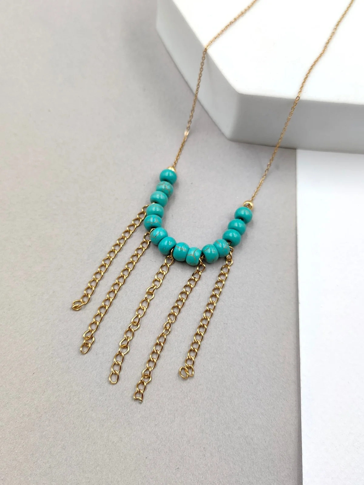 Stainless Steel Necklace with Howlite Beads and Chains #650946