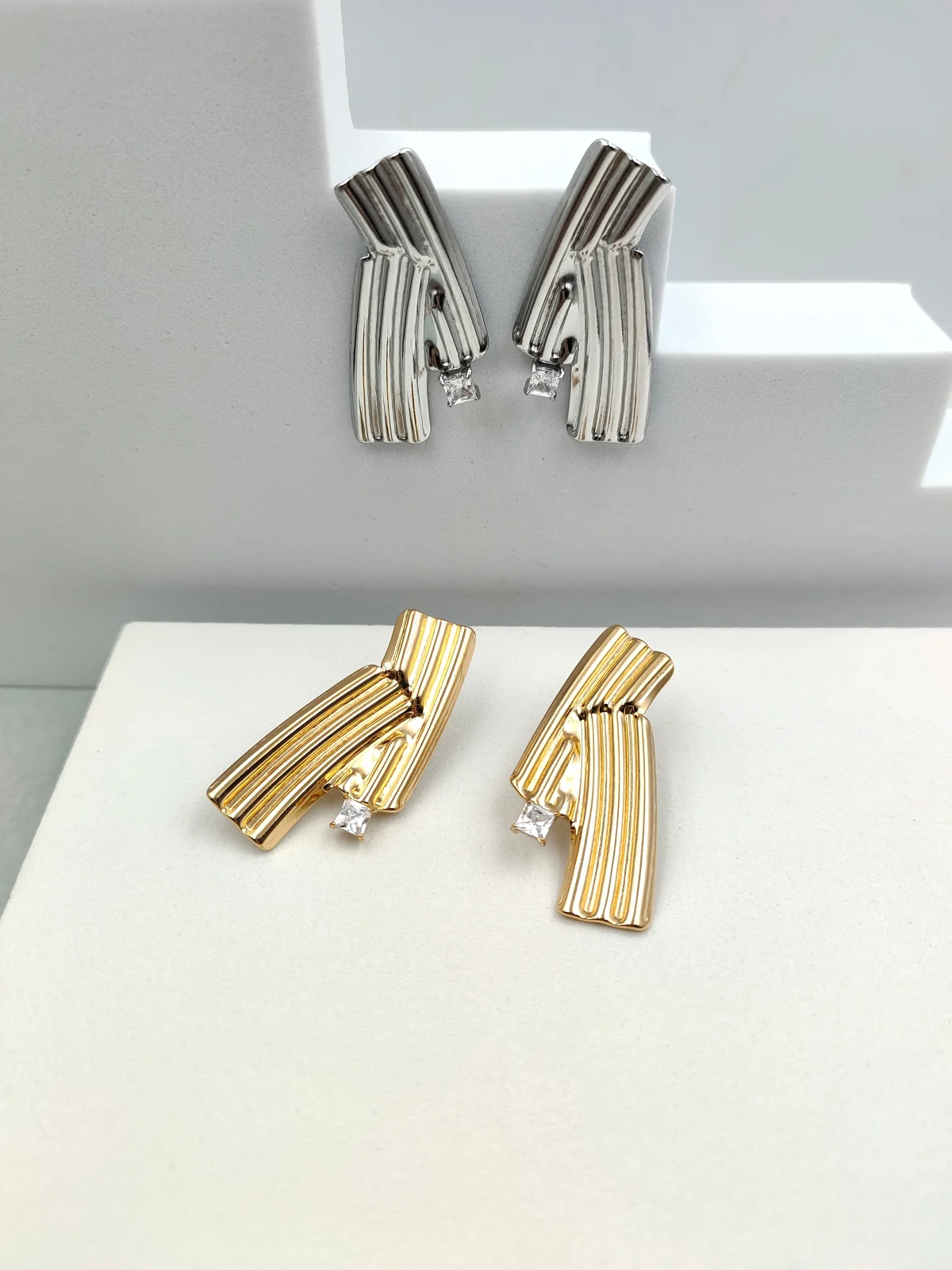 Stainless Steel Earrings with Embossed Surface and Crystal by Magis Handmade Jewels – view 2