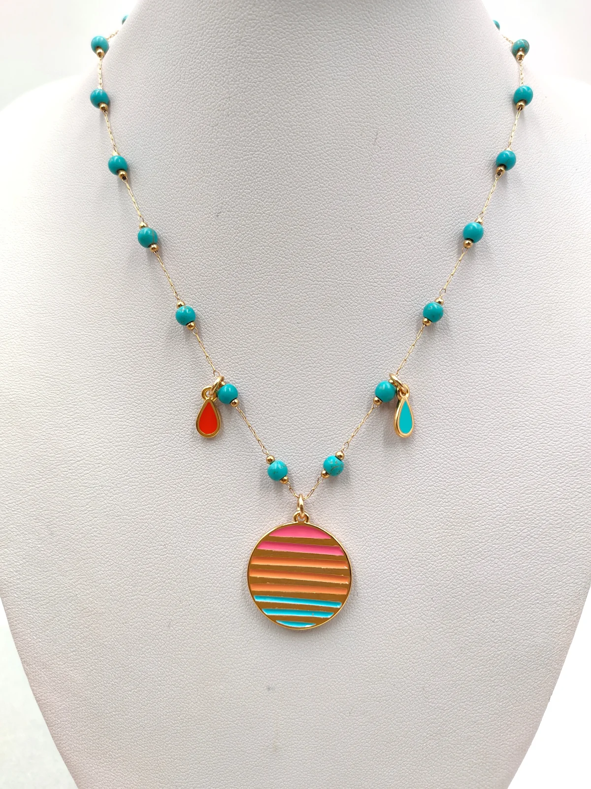 Stainless Steel Necklace with Gold-Plated Details, Enamel and Howlite #852504