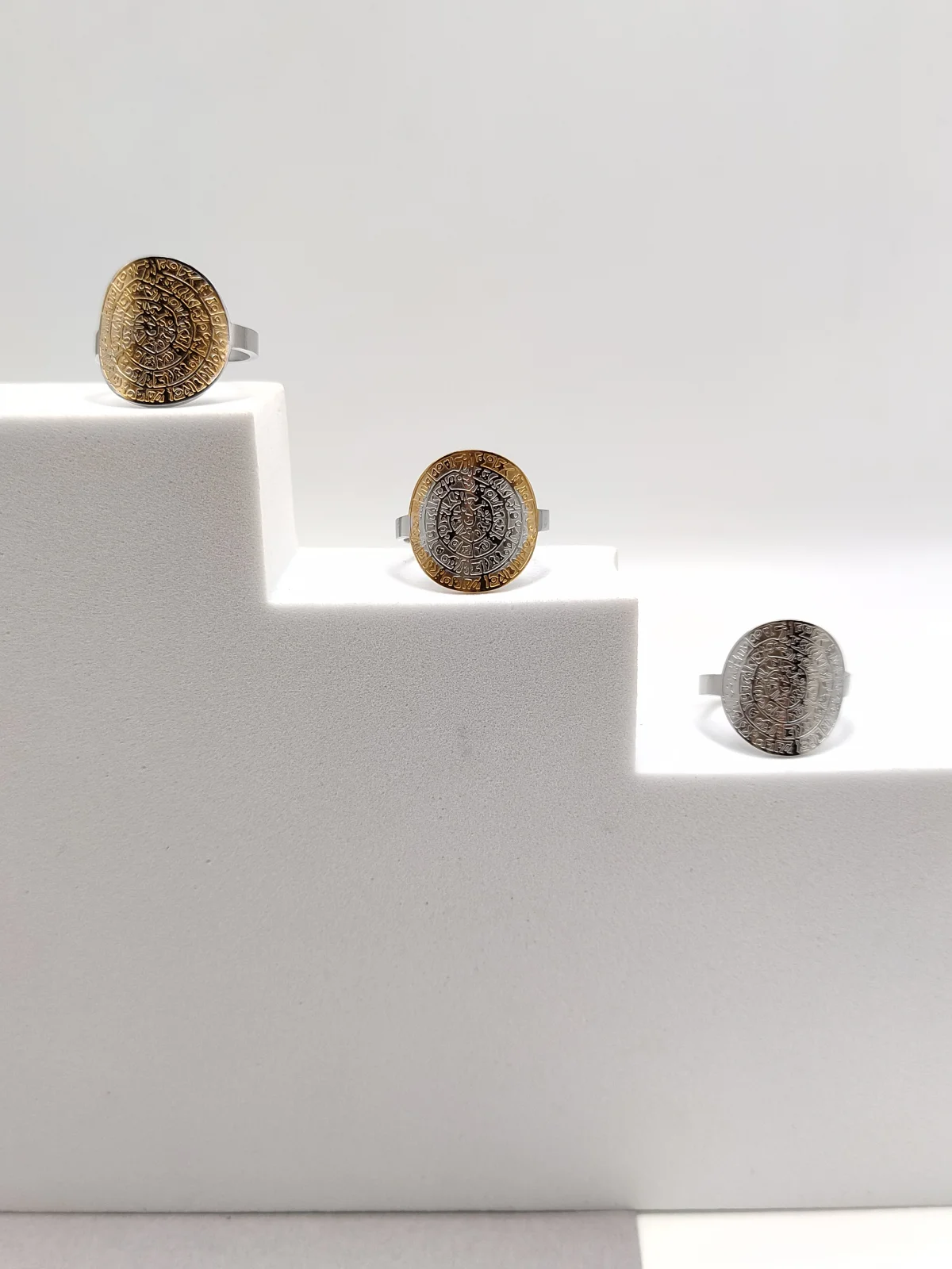 Stainless Steel Ring with Embossed Phaistos Disc by Magis Handmade Jewels – view 2