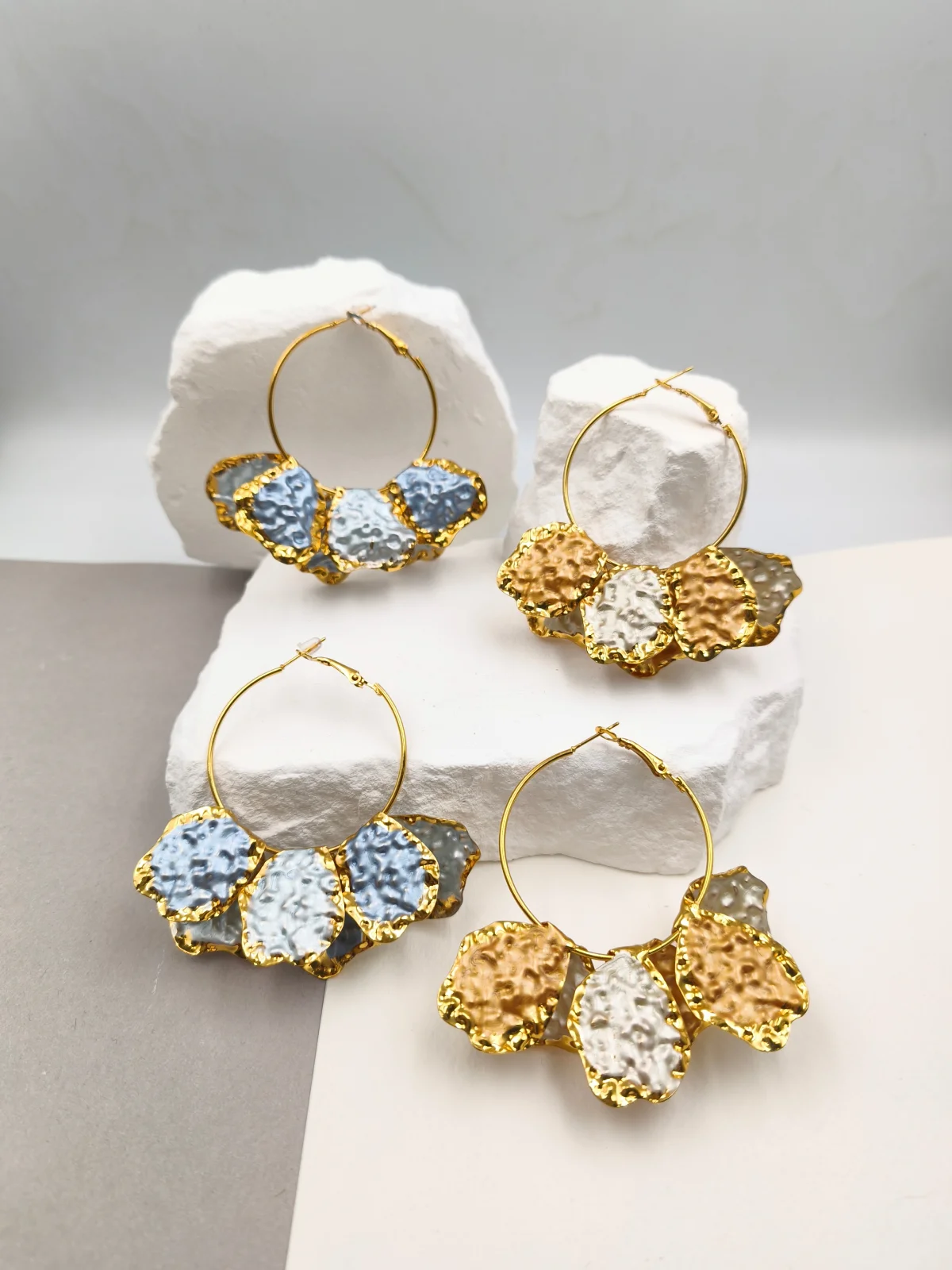 Stainless Steel Hoop Earrings with Embossed Leaf Design and Enamel by Magis Handmade Jewels – view 2