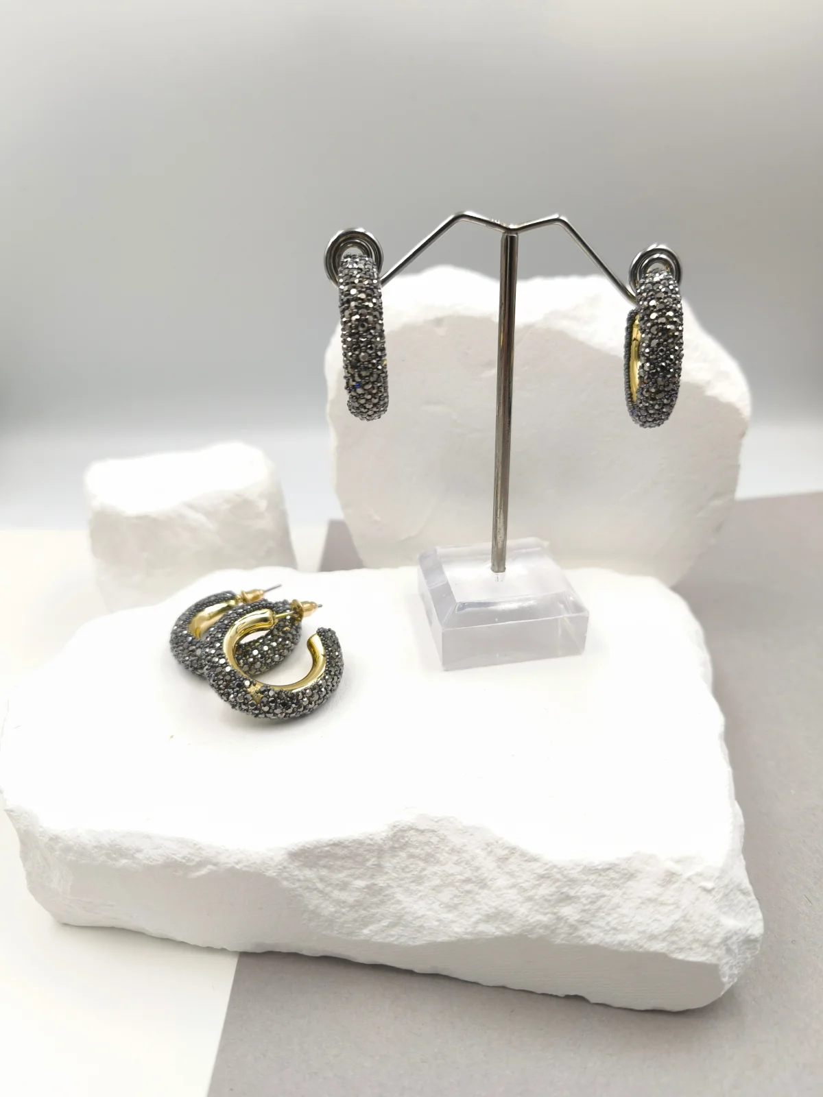 Gold-Plated Hoop Earrings with Marcasite and Rhinestones by Magis Handmade Jewels – view 3