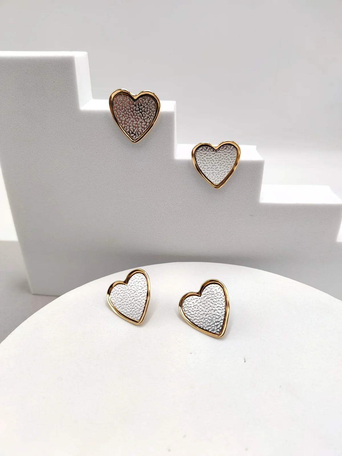 Stainless Steel Two-Tone Heart Earrings by Magis Handmade Jewels – view 2
