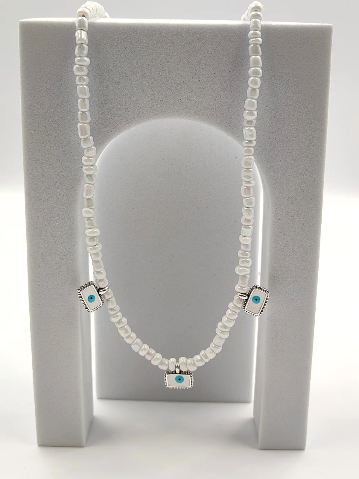 Necklace with Beads and Silver-Plated Enamel Evil Eyes by Magis Handmade Jewels – view 3