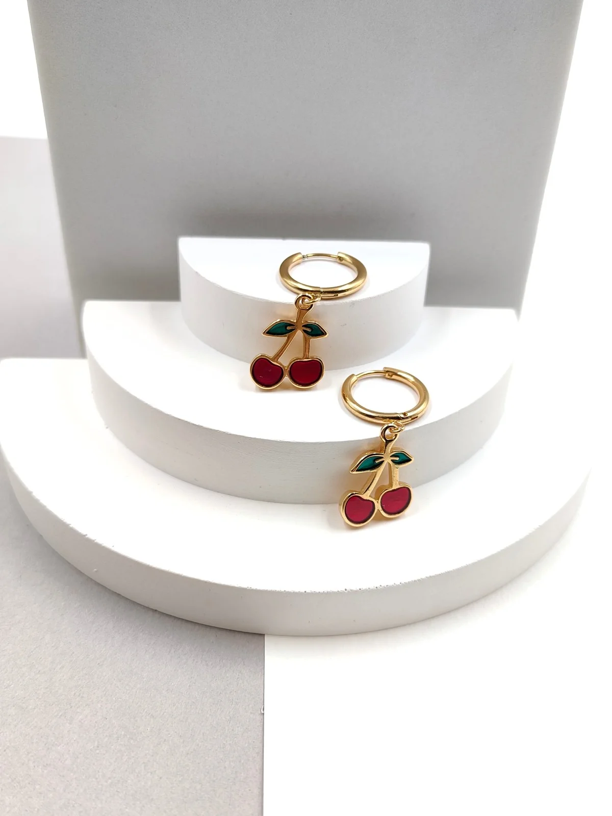 Stainless Steel Hoop Earrings with Cherries and Enamel by Magis Handmade Jewels – view 2