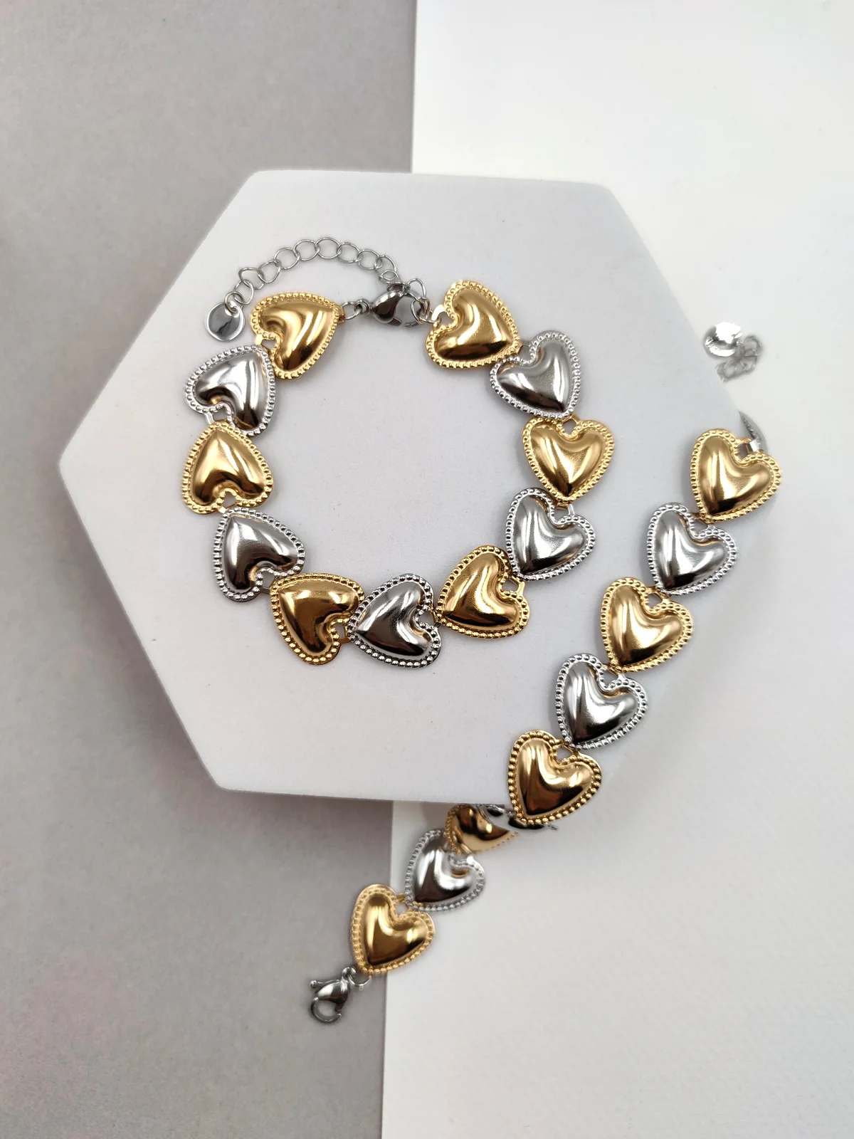 Stainless Steel Two-Tone Bracelet with Hearts by Magis Handmade Jewels – view 2