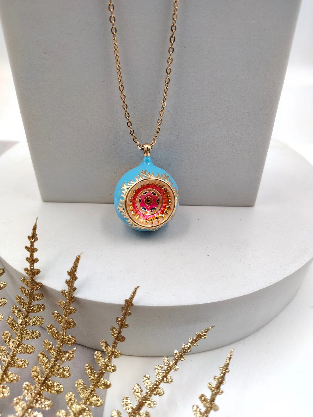 Stainless Steel Long Necklace with Ornate Enamel Pendant by Magis Handmade Jewels – view 2