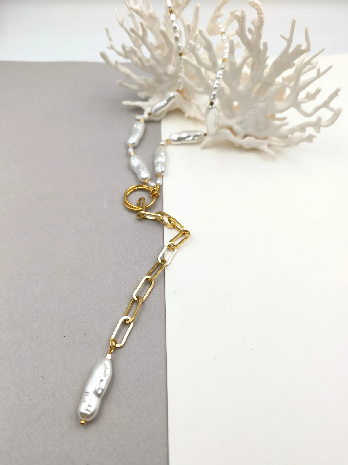 Stainless Steel Lariat Necklace with Acrylic Baroque Pearls by Magis Handmade Jewels – view 2