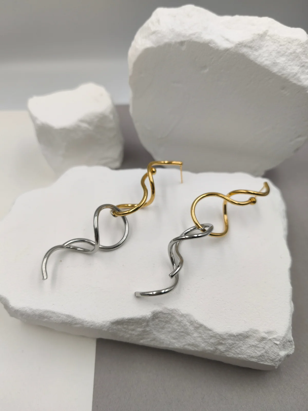 Stainless Steel Long Two-Tone Earrings by Magis Handmade Jewels – view 2