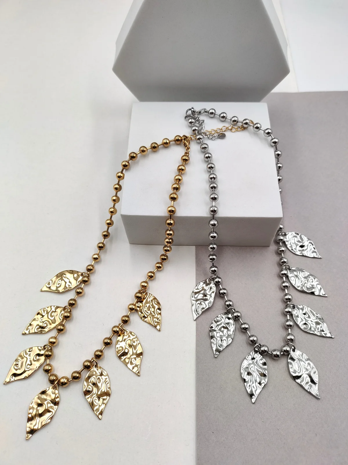 Stainless Steel Necklace with Beads and Leaves by Magis Handmade Jewels – view 2