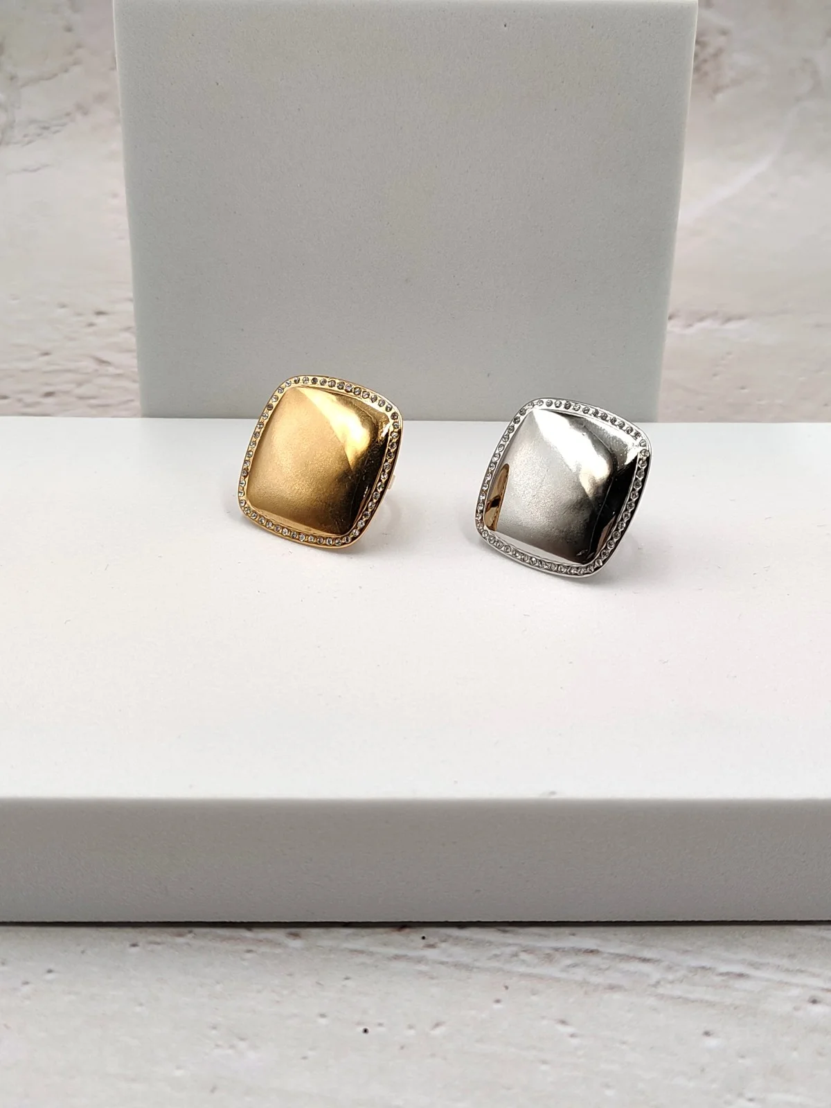 Stainless Steel Square Ring with Rhinestones by Magis Handmade Jewels – view 2