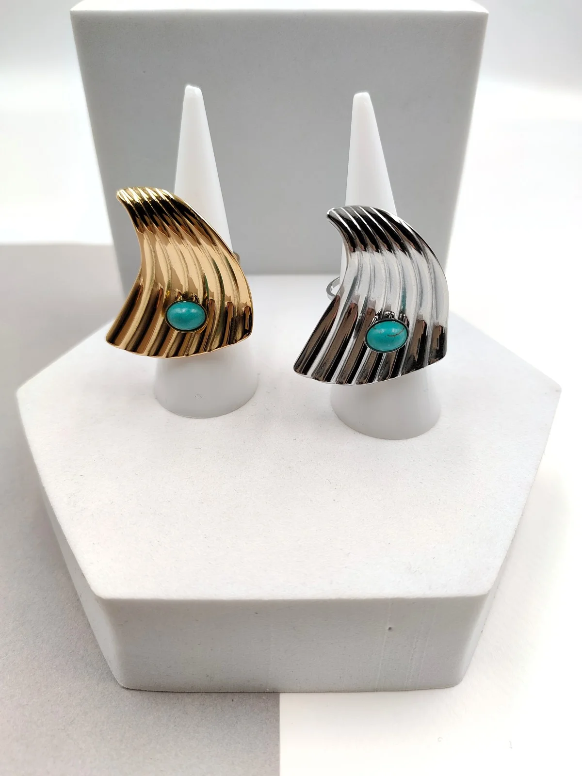 Stainless Steel Embossed Ring with Howlite by Magis Handmade Jewels – view 2