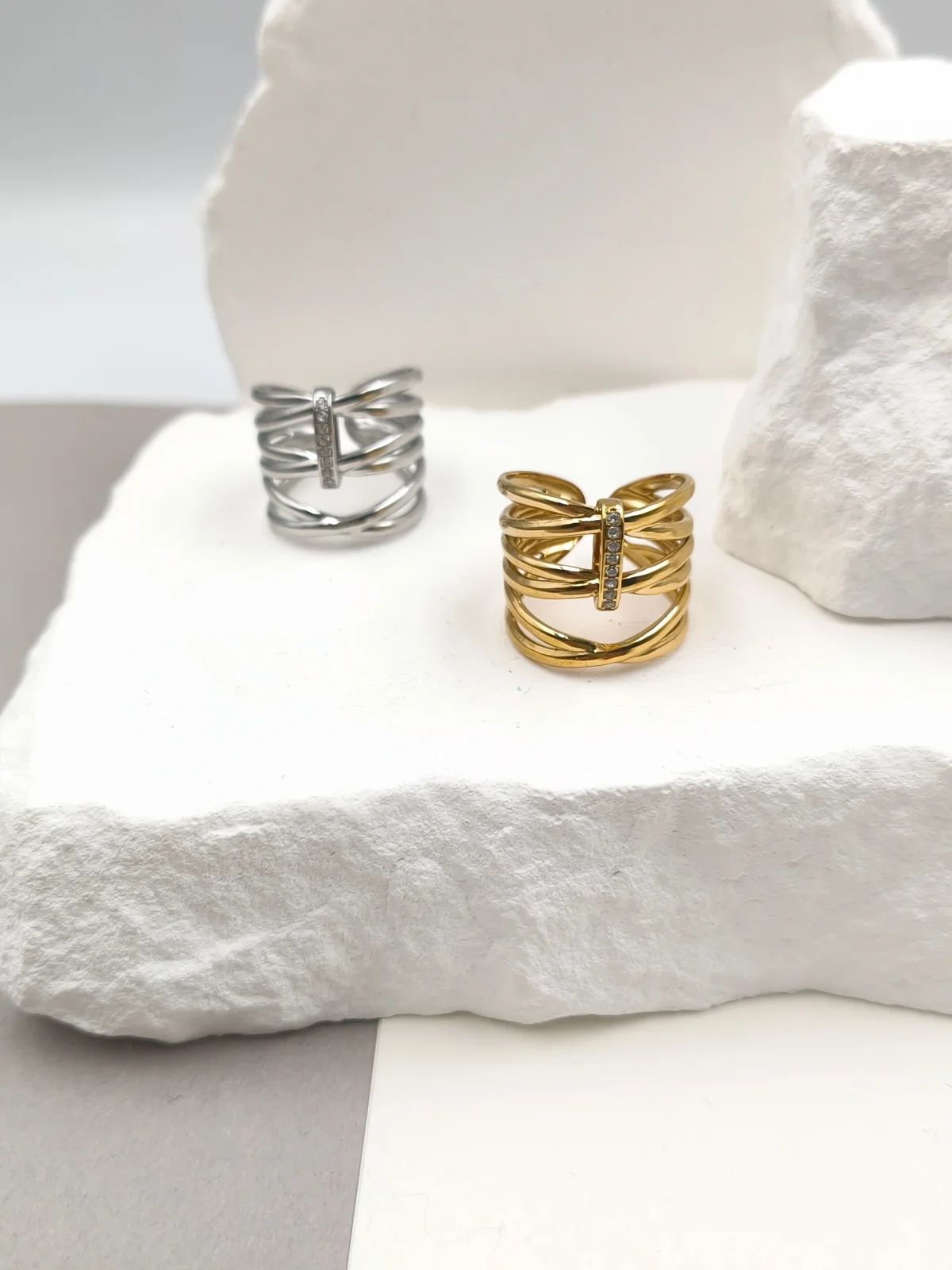 Stainless Steel Multi-Strand Ring with Zircon by Magis Handmade Jewels – view 2