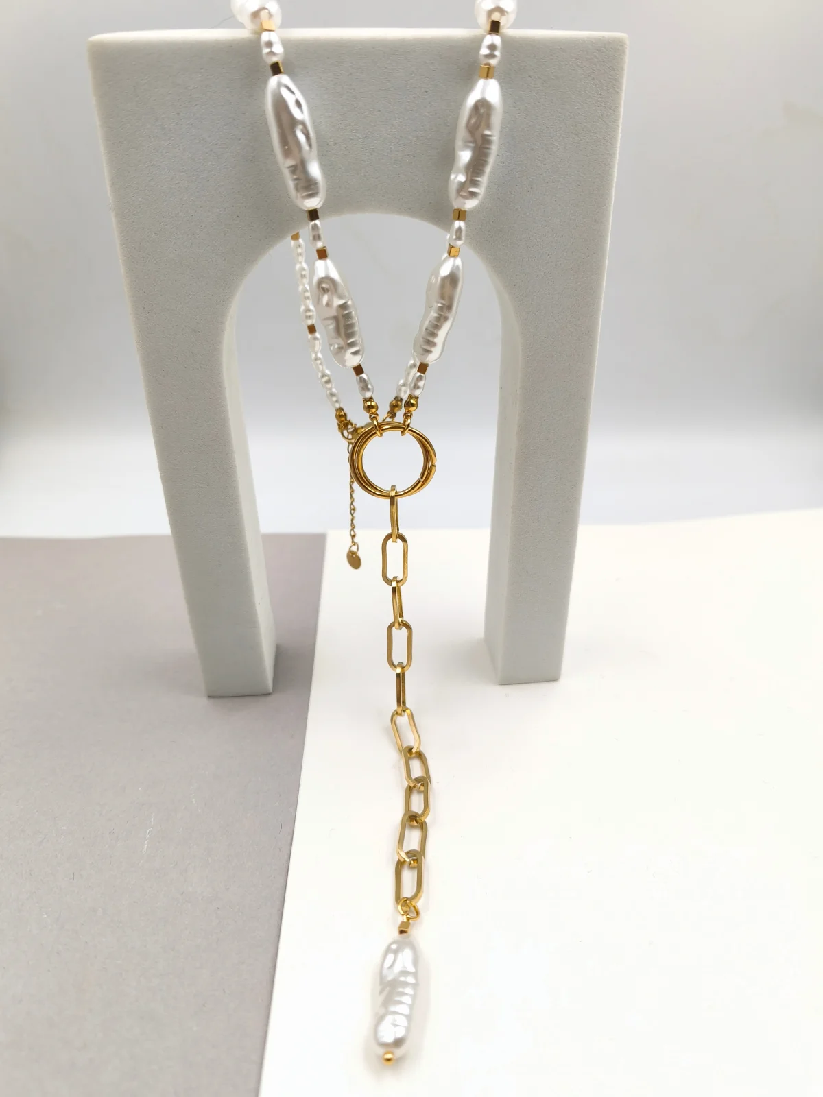 Stainless Steel Lariat Necklace with Acrylic Baroque Pearls by Magis Handmade Jewels – view 3