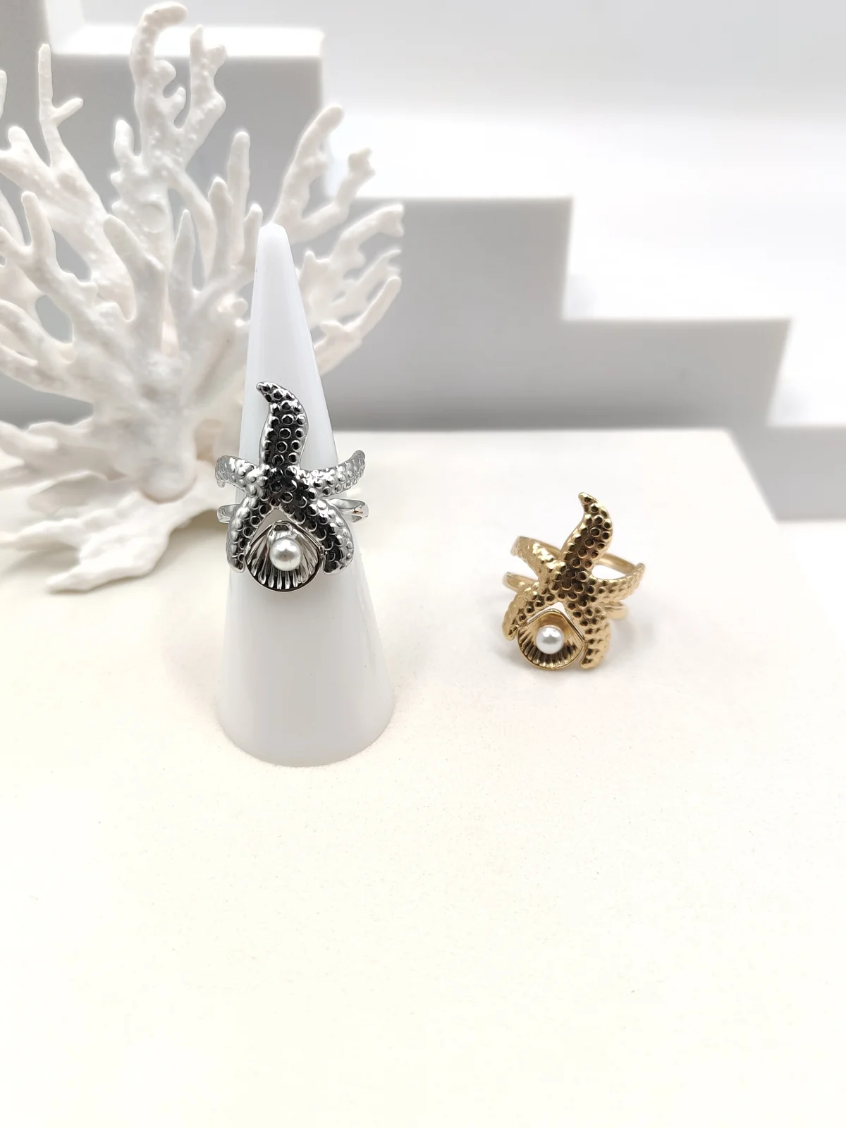 Stainless Steel Ring with Embossed Summer Motif and Pearl #552896