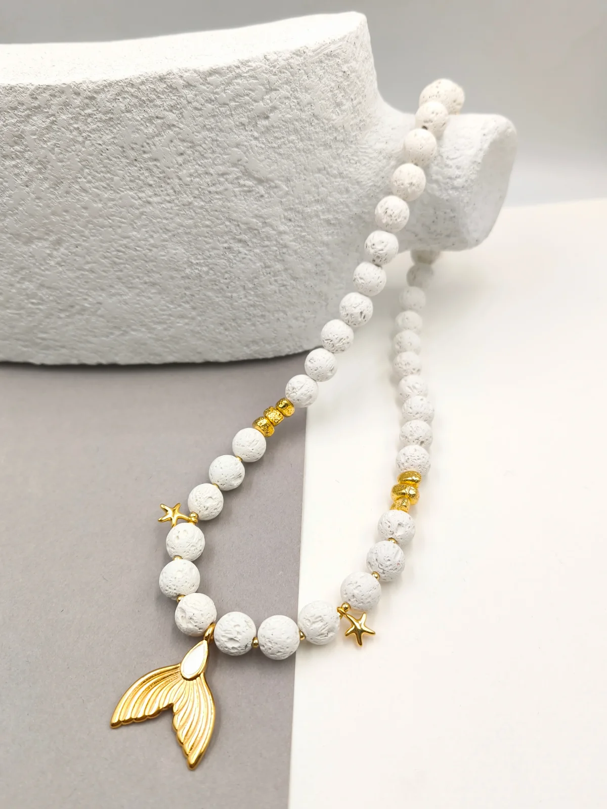 Necklace with Lava Beads and Gold-Plated Details #123321