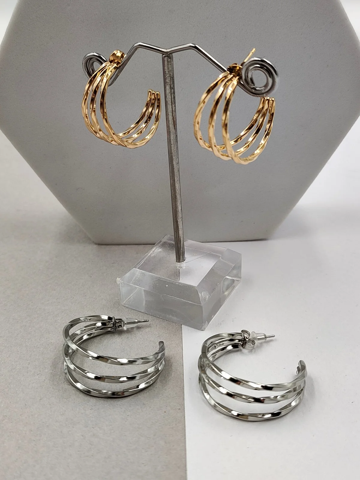 Stainless Steel Triple Hoop Earrings by Magis Handmade Jewels – view 2