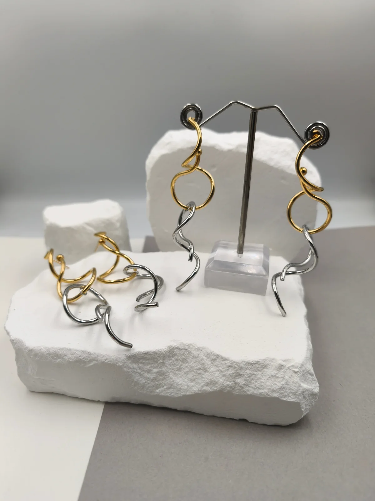 Stainless Steel Long Two-Tone Earrings #753156