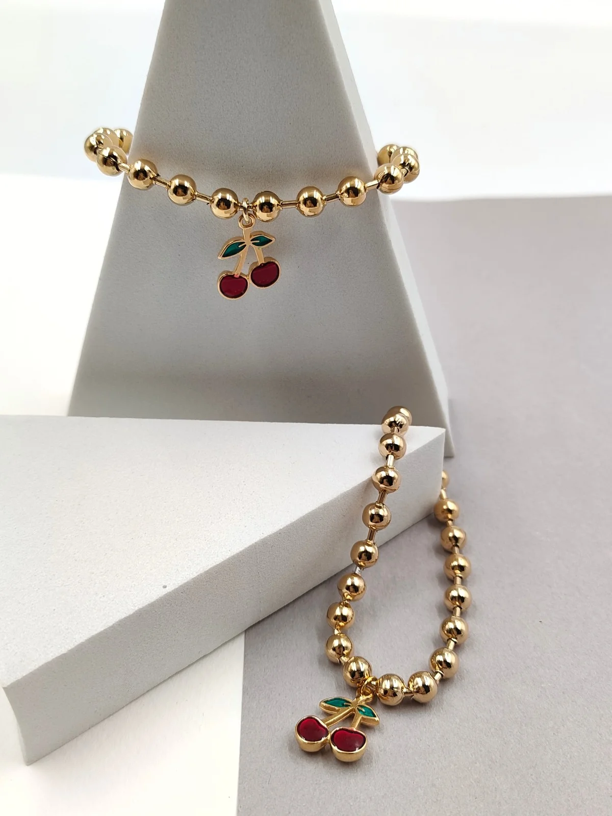 Stainless Steel Bracelet with Beads and Gold-Plated Cherry by Magis Handmade Jewels – view 2