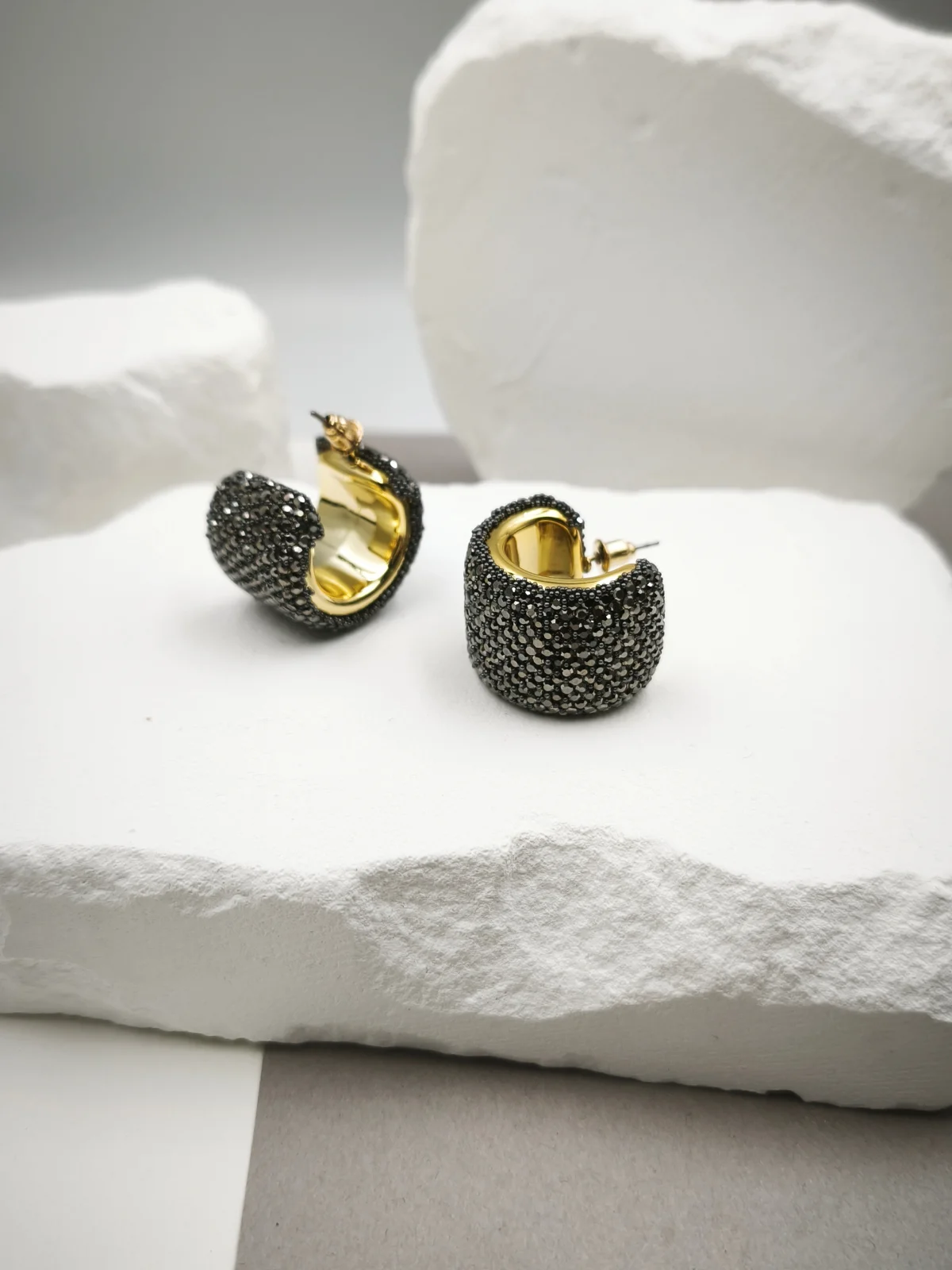 Gold-Plated Hoop Earrings with Marcasite and Rhinestones by Magis Handmade Jewels – view 2