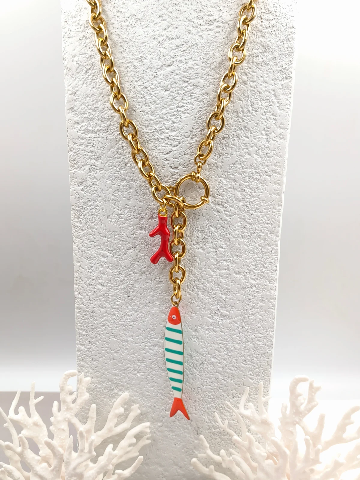 Stainless Steel Lariat Necklace with Drop Details and Enamel #823298