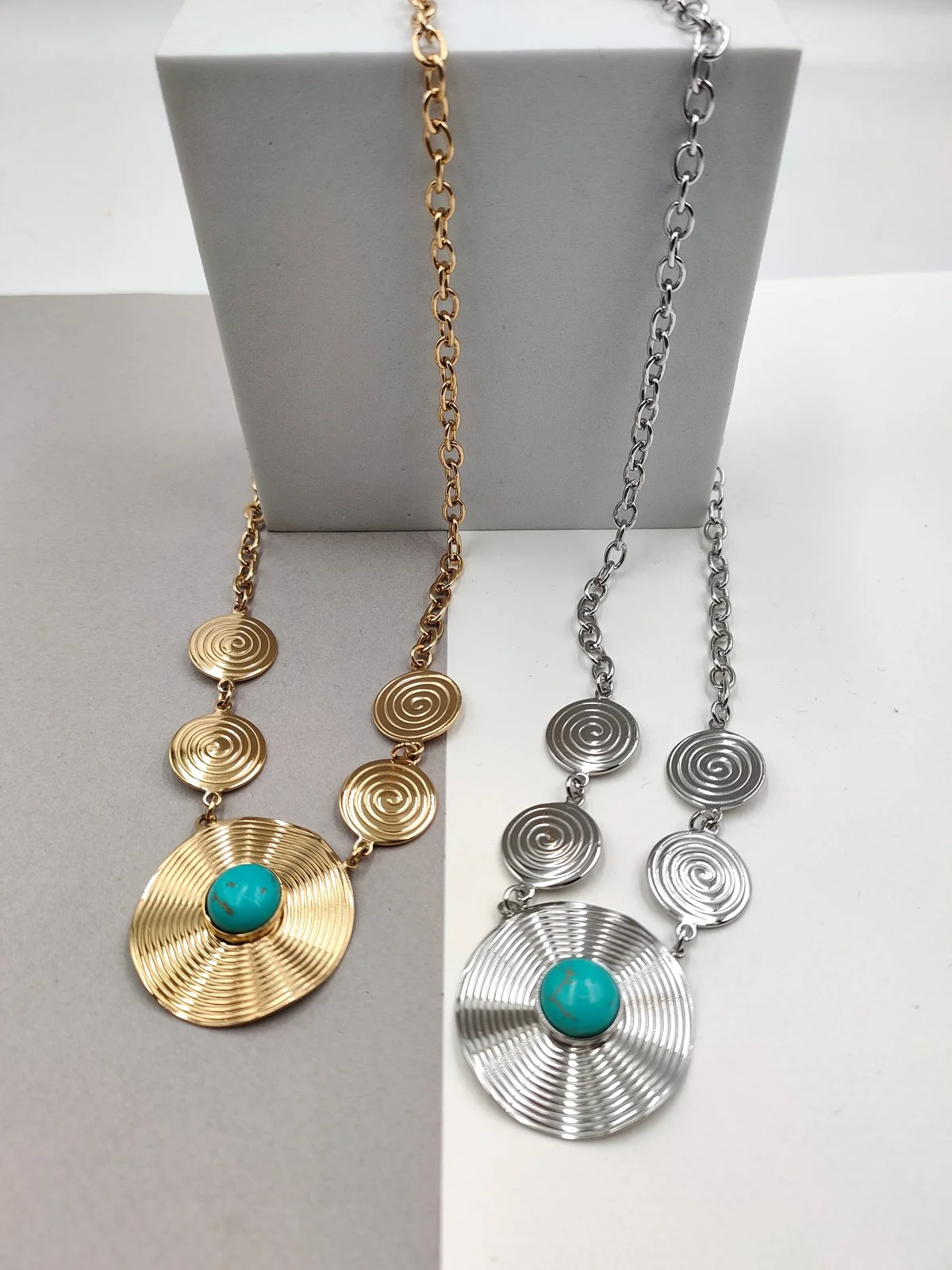 Stainless Steel Necklace with Embossed Circles and Howlite by Magis Handmade Jewels – view 3