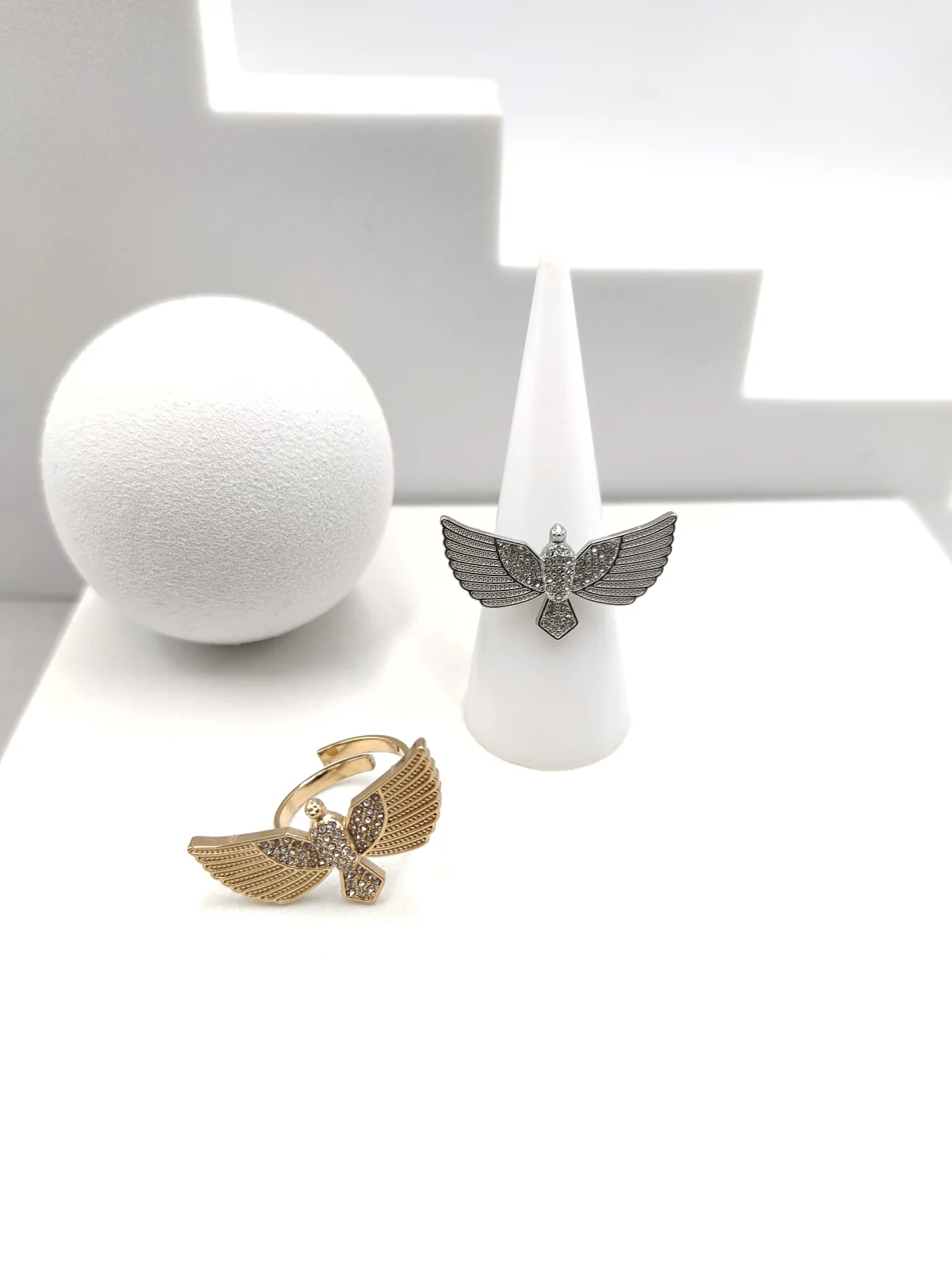 Stainless Steel Ring with Embossed Bird and Crystals #553042