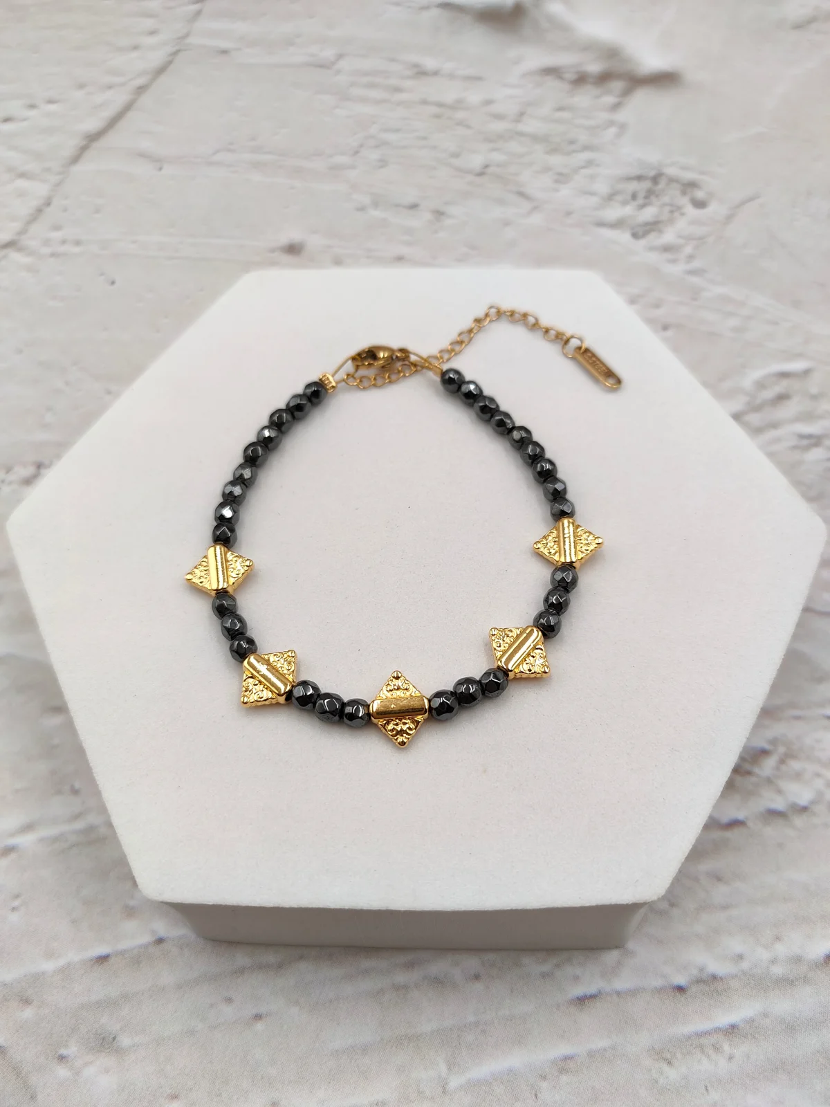 Bracelet with Hematite Beads and Gold-Plated Details by Magis Handmade Jewels – view 2