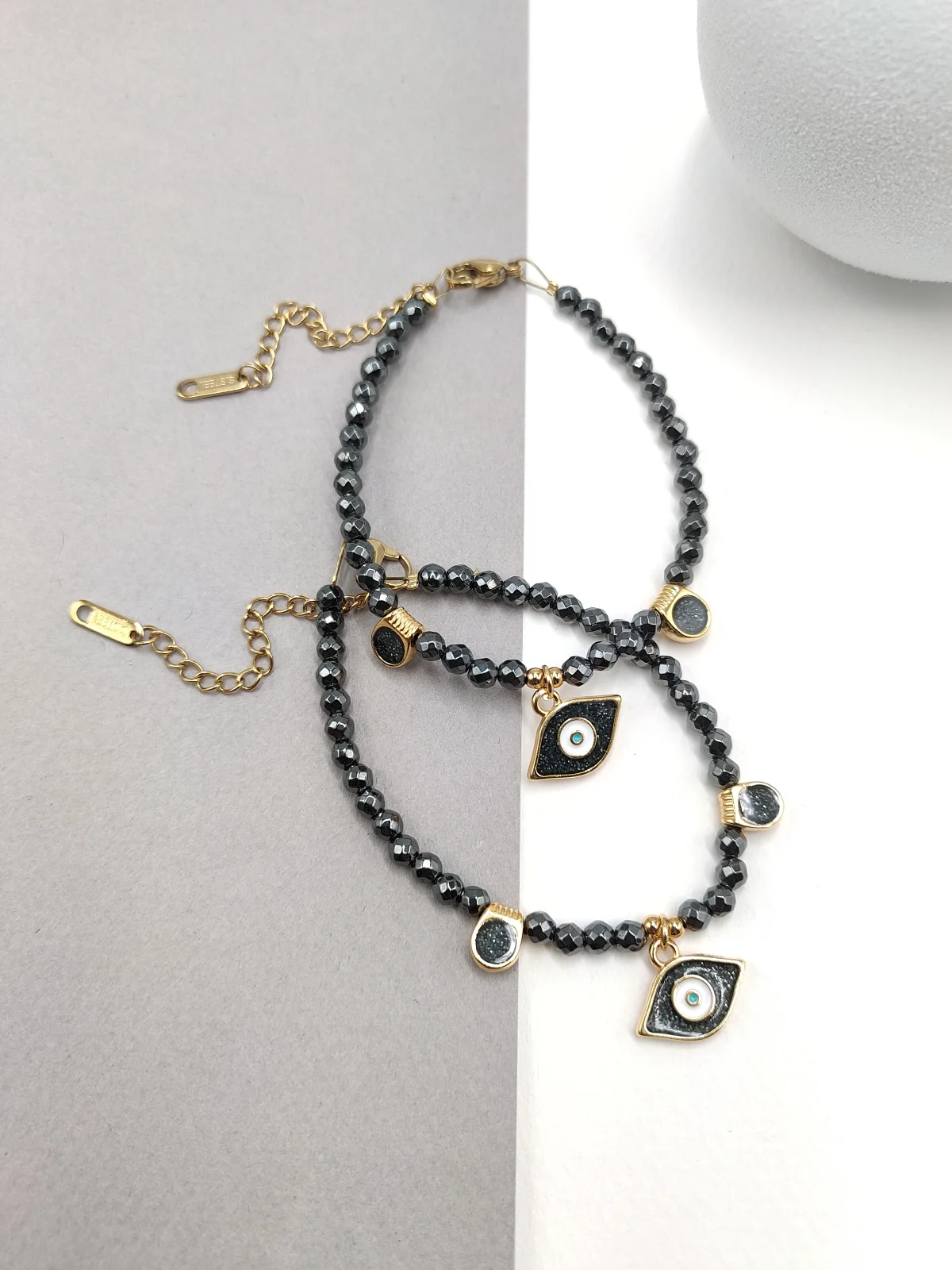 Bracelet with Hematite Beads and Gold-Plated Enamel Details by Magis Handmade Jewels – view 2