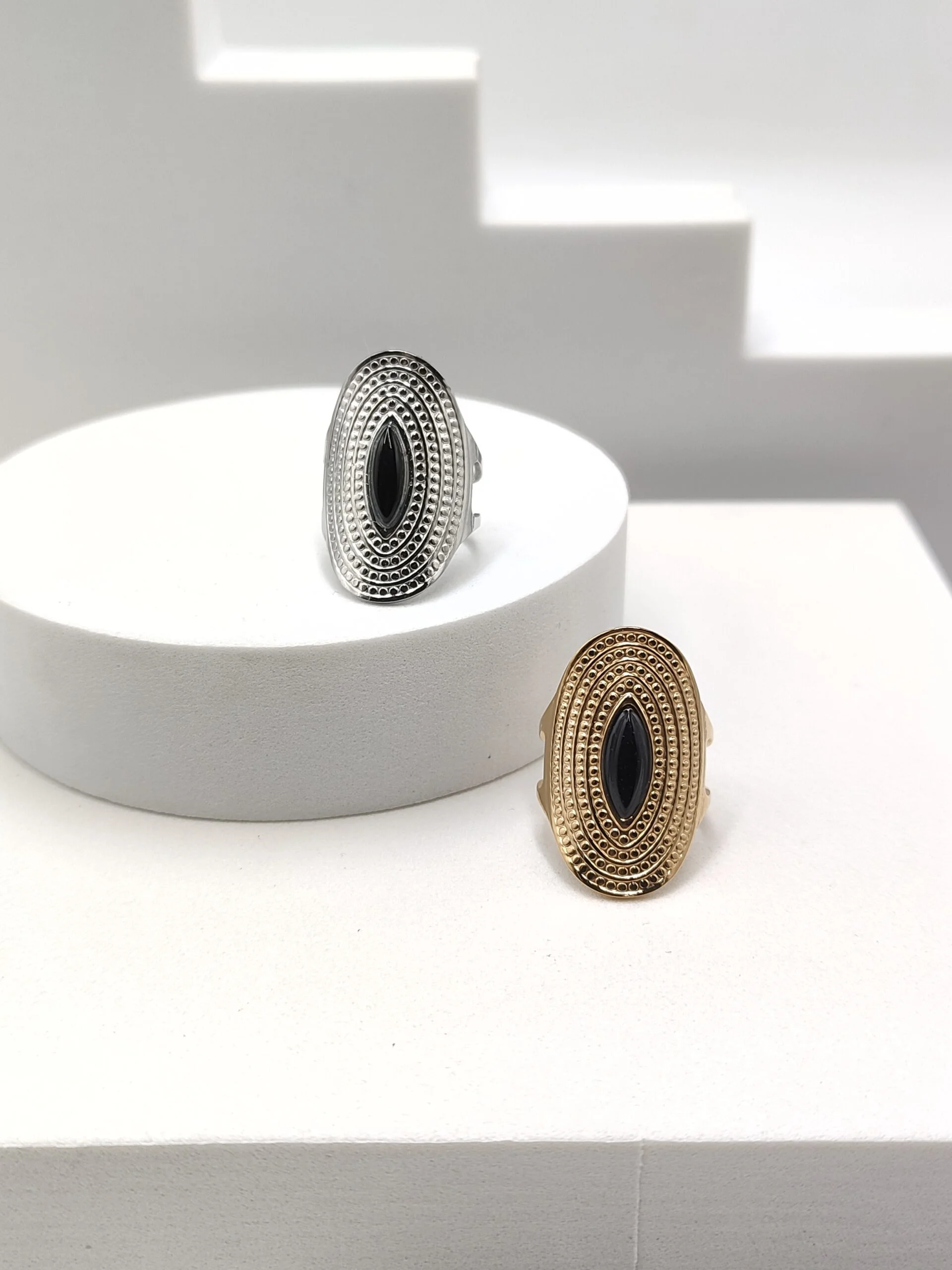 Stainless Steel Embossed Ring with Glass Stone by Magis Handmade Jewels – view 2