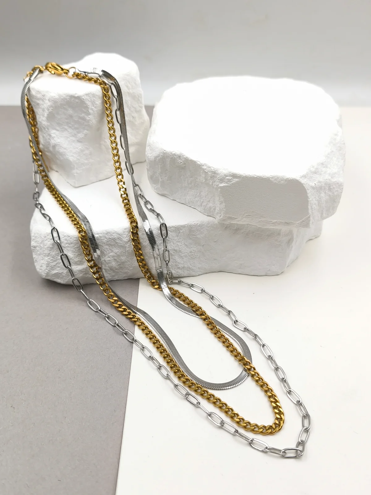 Stainless Steel Triple Two-Tone Necklace by Magis Handmade Jewels – view 2