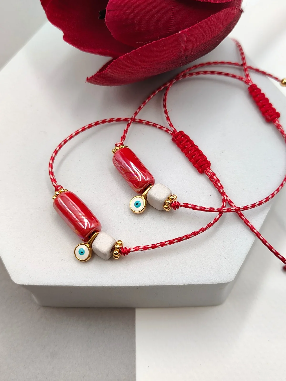 Traditional March Bracelet with Gold-Plated Details, Ceramic Beads and Evil Eye by Magis Handmade Jewels – view 2