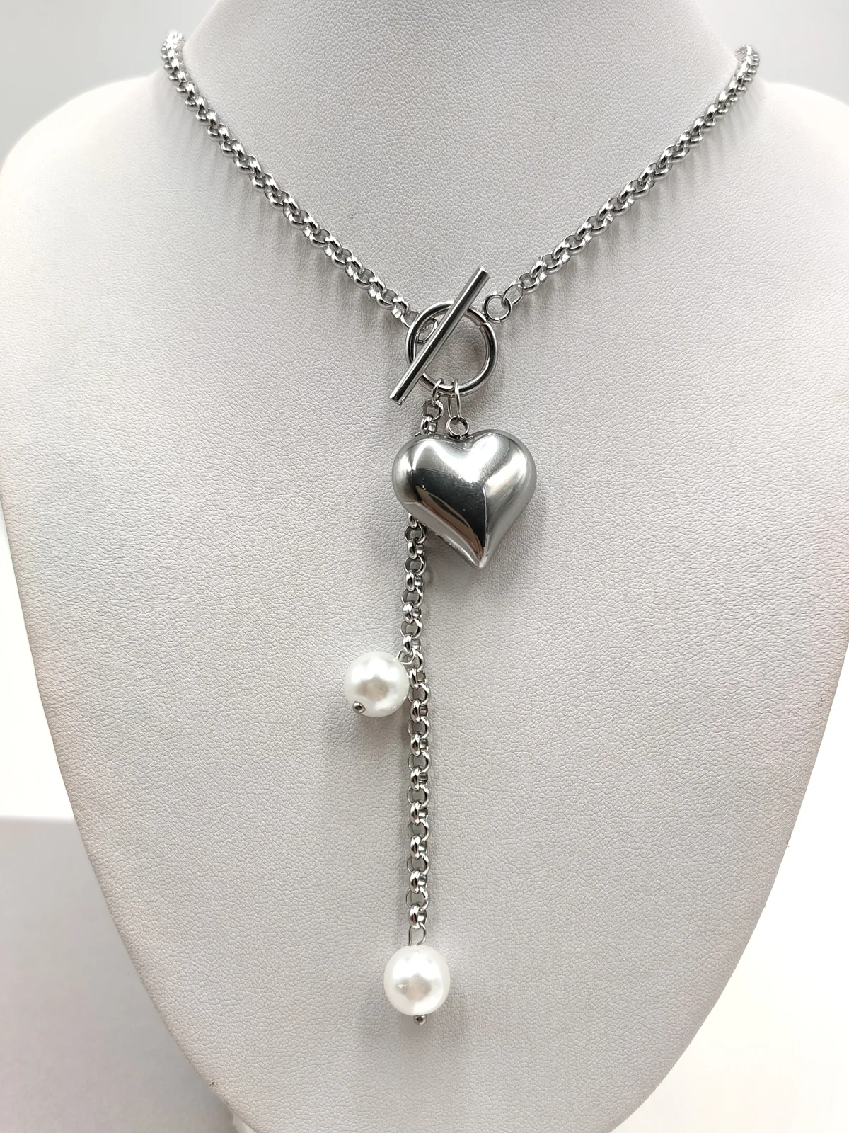 Stainless Steel Necklace with Heart and Pearls by Magis Handmade Jewels – view 3