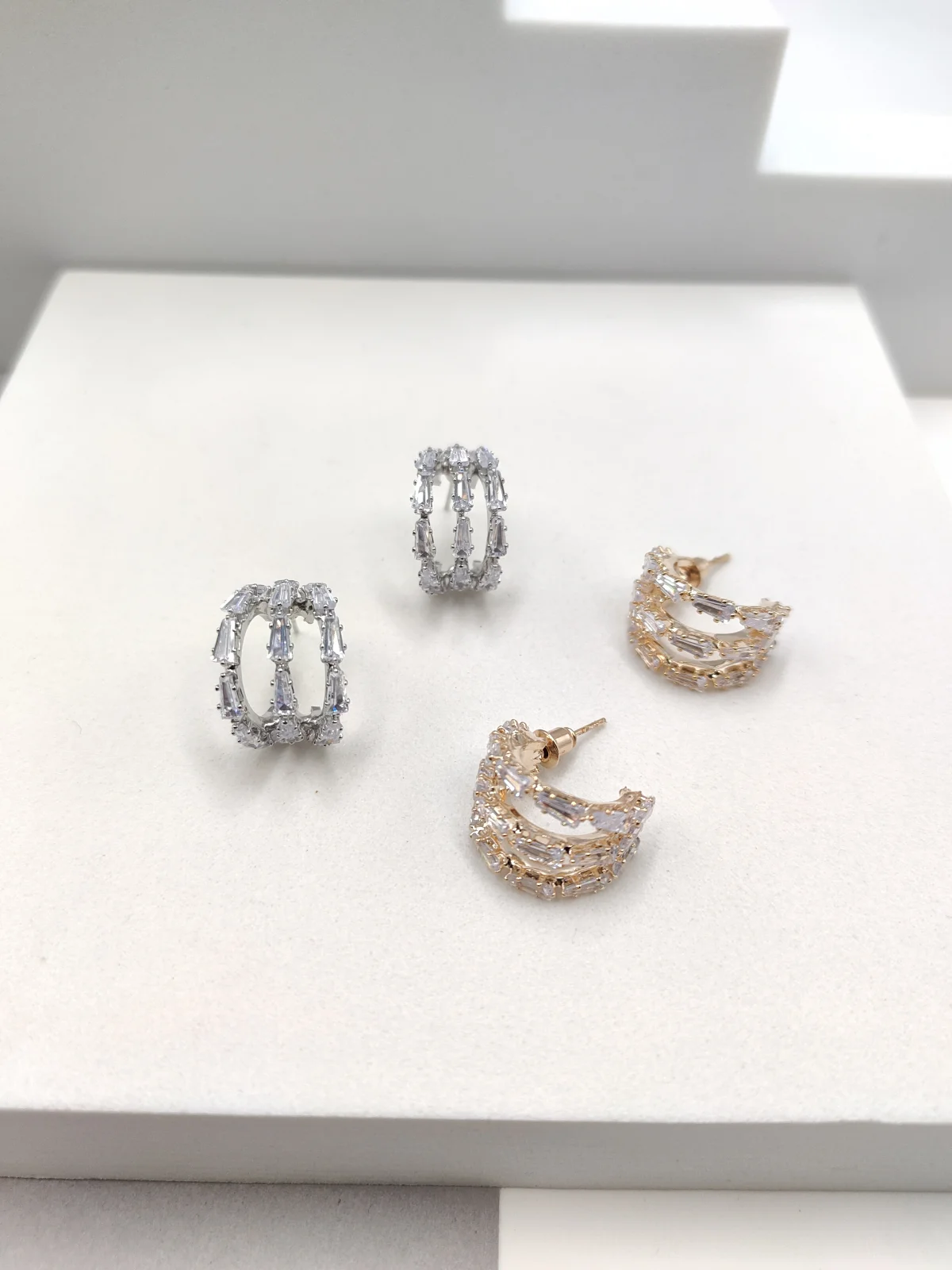 Gold-Plated Triple Hoop Earrings with Crystals by Magis Handmade Jewels – view 2