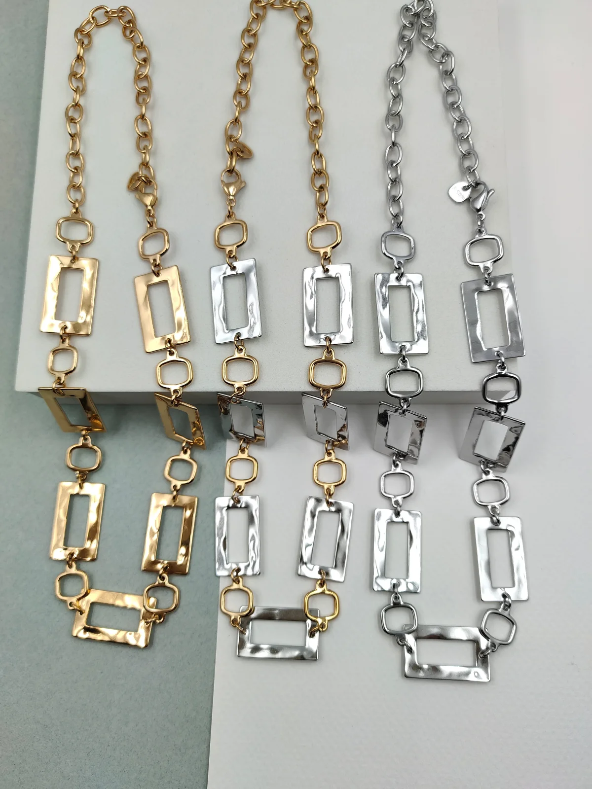 Stainless Steel Necklace with Hammered Rectangles by Magis Handmade Jewels – view 3
