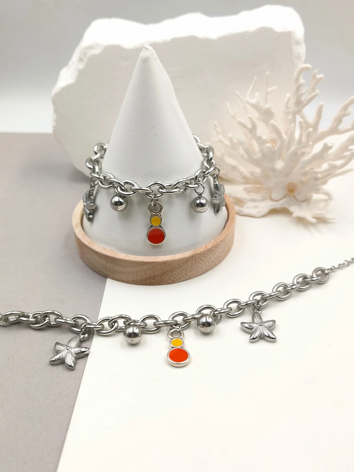 Stainless Steel Bracelet with Silver-Plated Details and Enamel by Magis Handmade Jewels – view 2