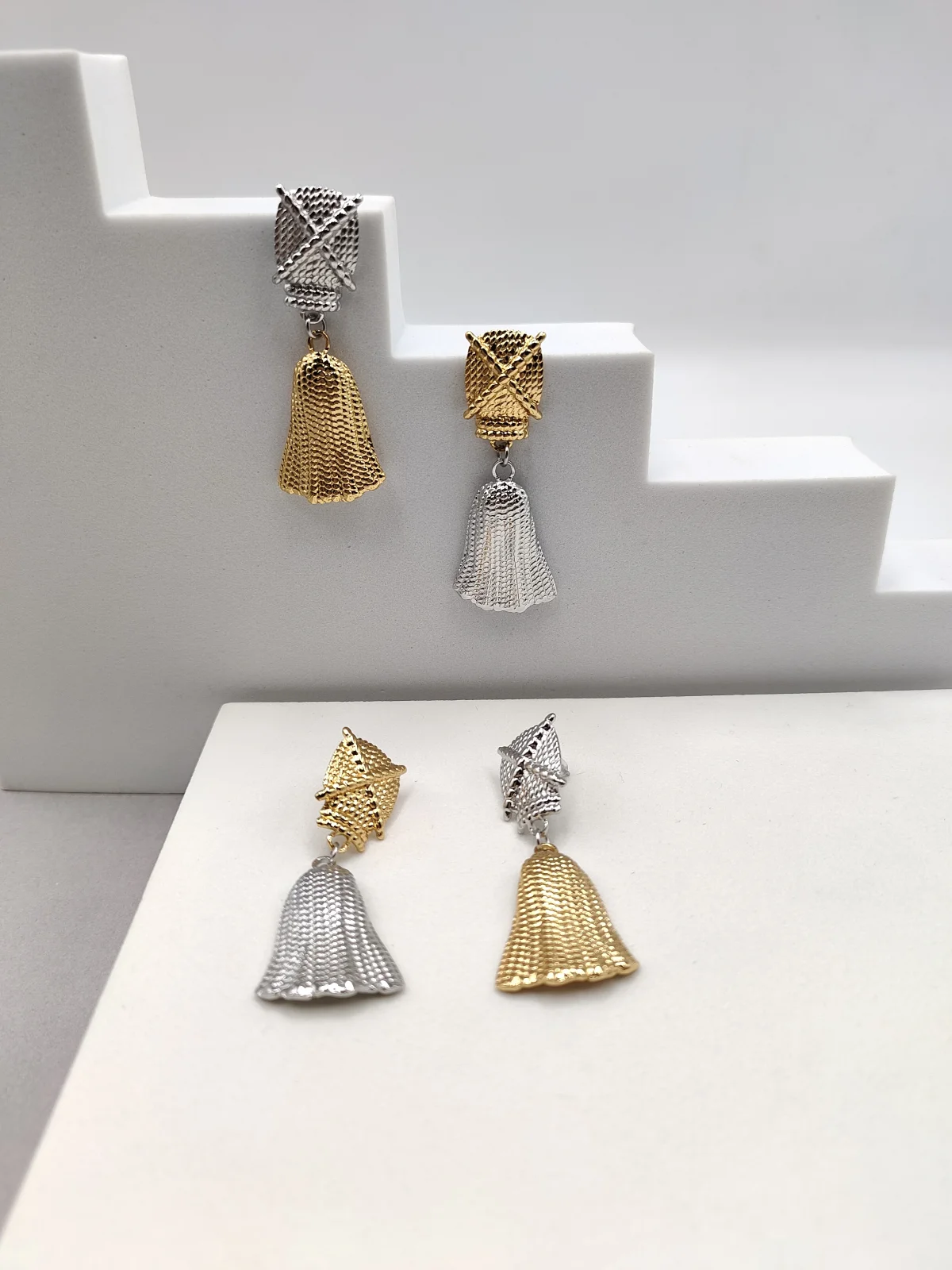 Stainless Steel Two-Tone Earrings with Embossed Woven Design by Magis Handmade Jewels – view 2