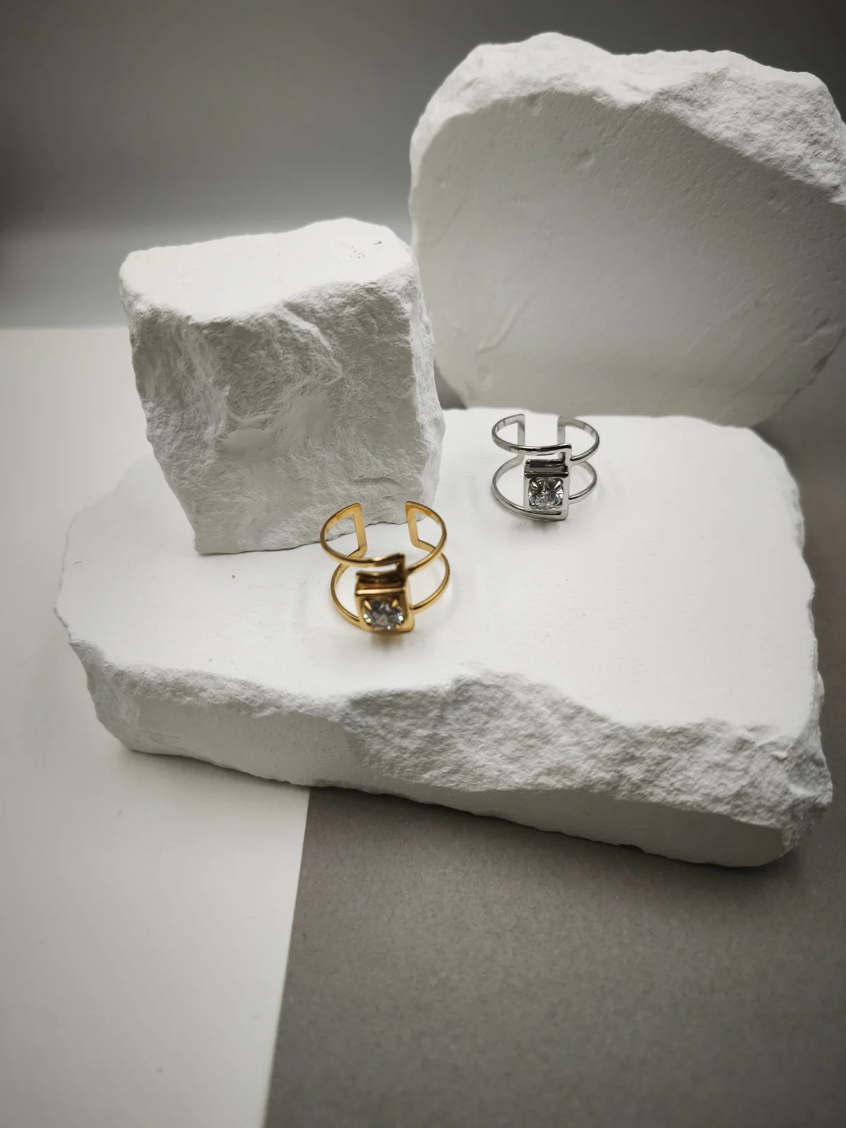 Stainless Steel Double Ring with Crystal by Magis Handmade Jewels – view 3