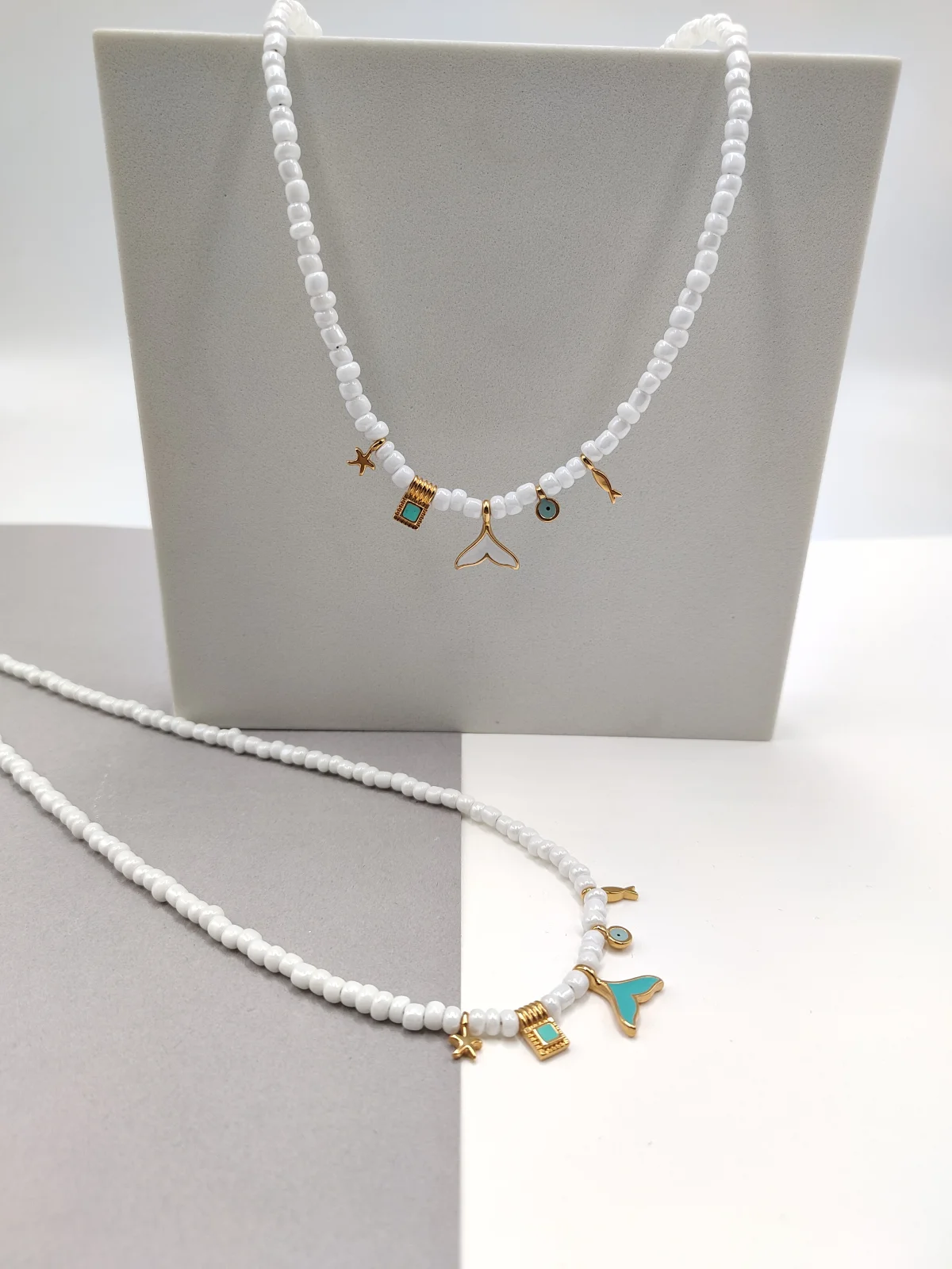 Necklace with Glass Beads and Gold-Plated Enamel Details by Magis Handmade Jewels – view 3