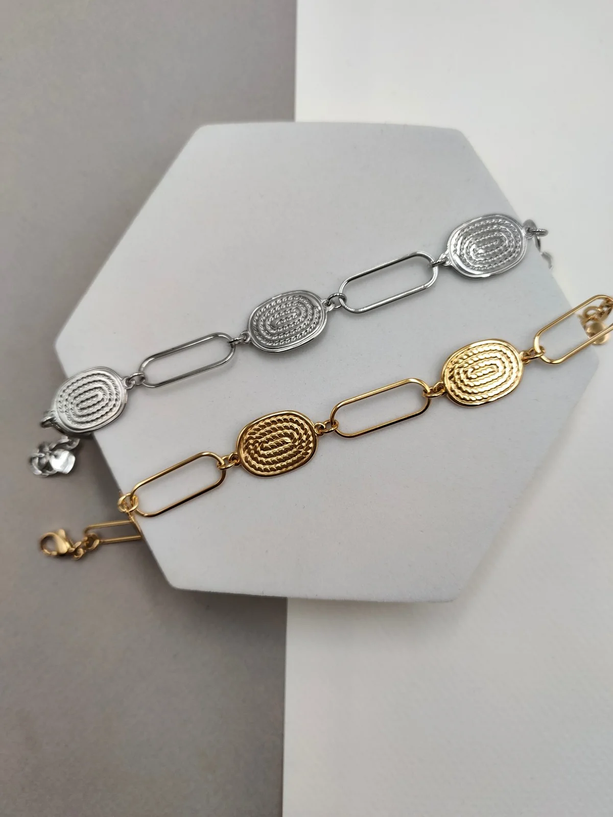 Stainless Steel Bracelet with Embossed and Openwork Hoops by Magis Handmade Jewels – view 2