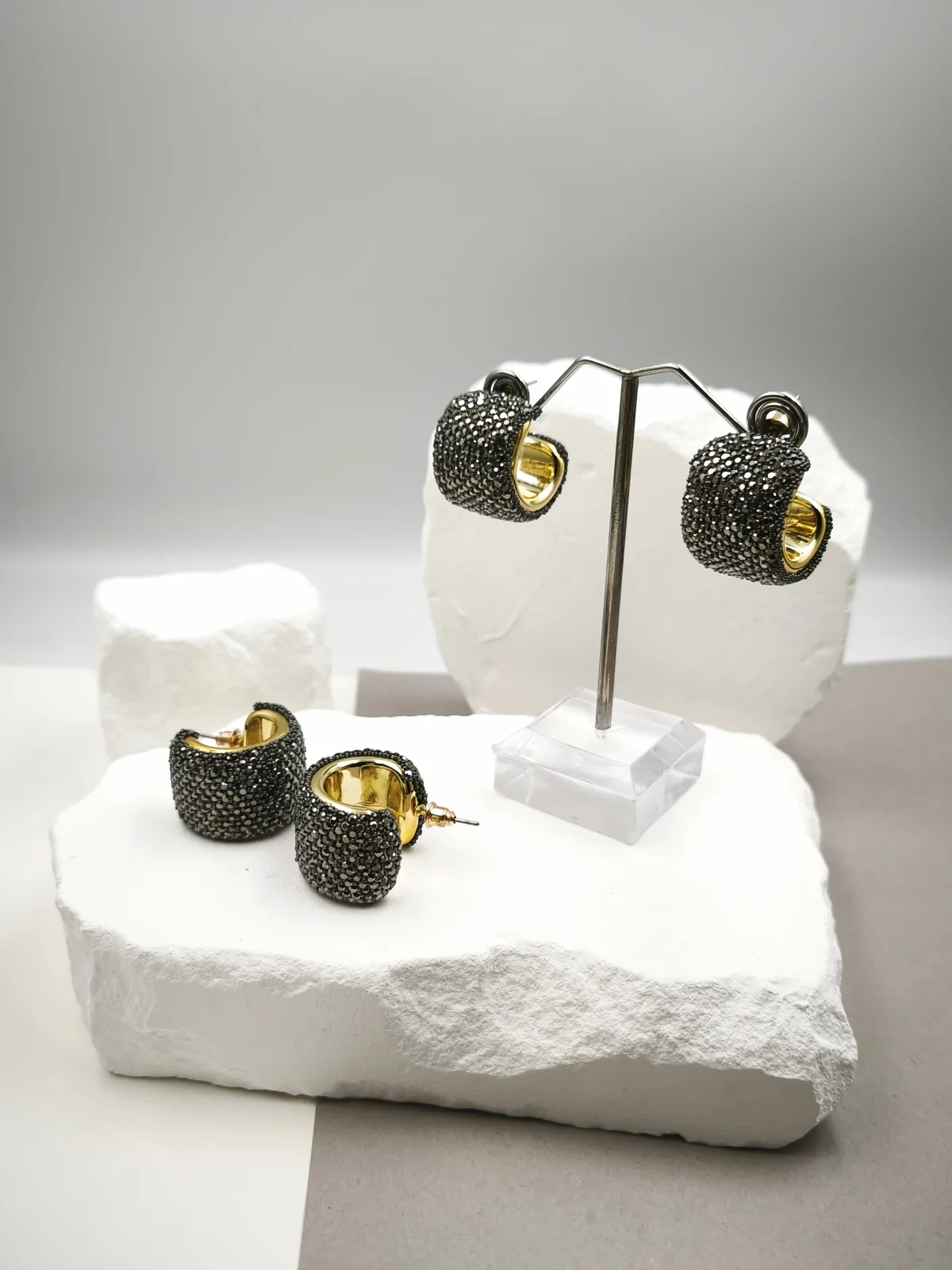 Gold-Plated Hoop Earrings with Marcasite and Rhinestones #703152